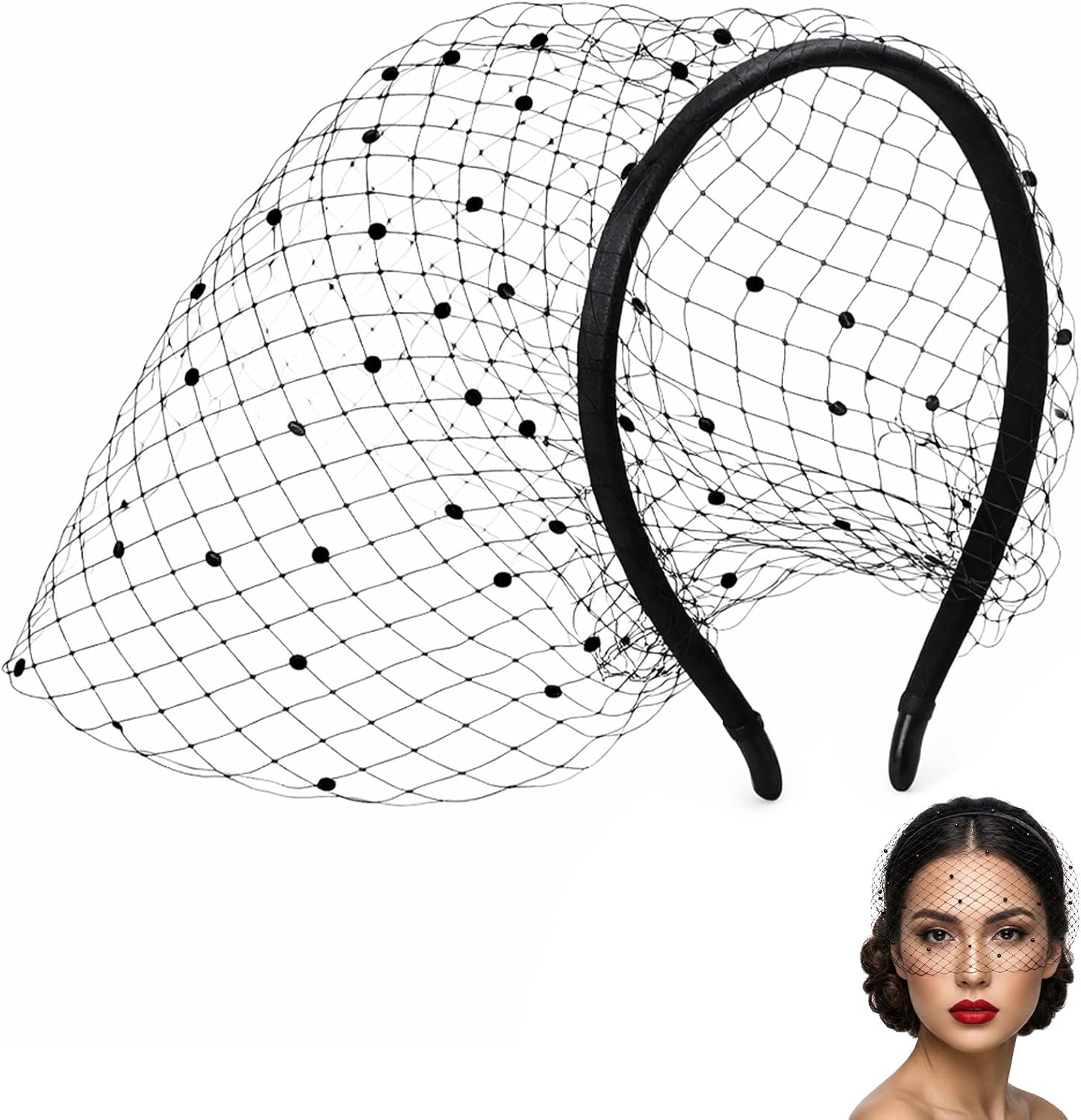 Black Birdcage Veil Headband for Women, 1920s Retro Bridal Wedding Tea Party Fascinator, Face Funeral Mesh Veil, Vintage Headpiece
