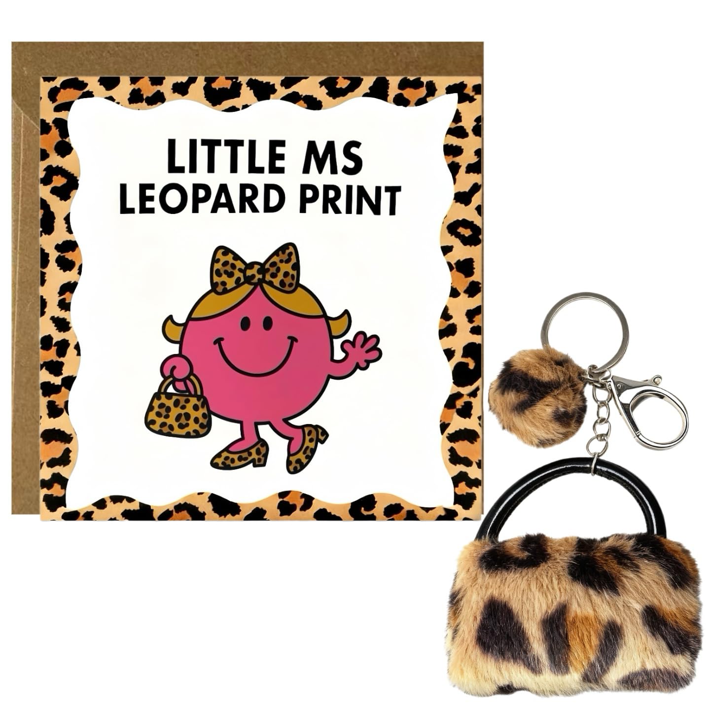 Virelle Leopard Print Gifts for Women: Mini Bag Keychain & Funny Card Set, Novelty Humour Cards with Leopard Print Fabric Keychain for Friend Birthday