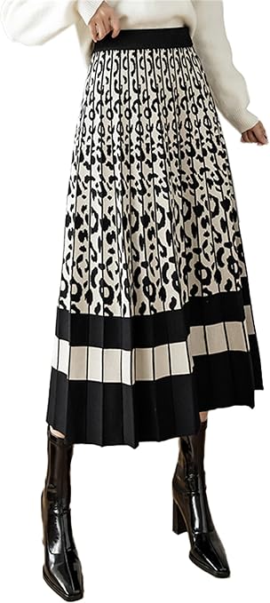 SANGTREE Women's High Waisted Leopard Print Pleated Knitted