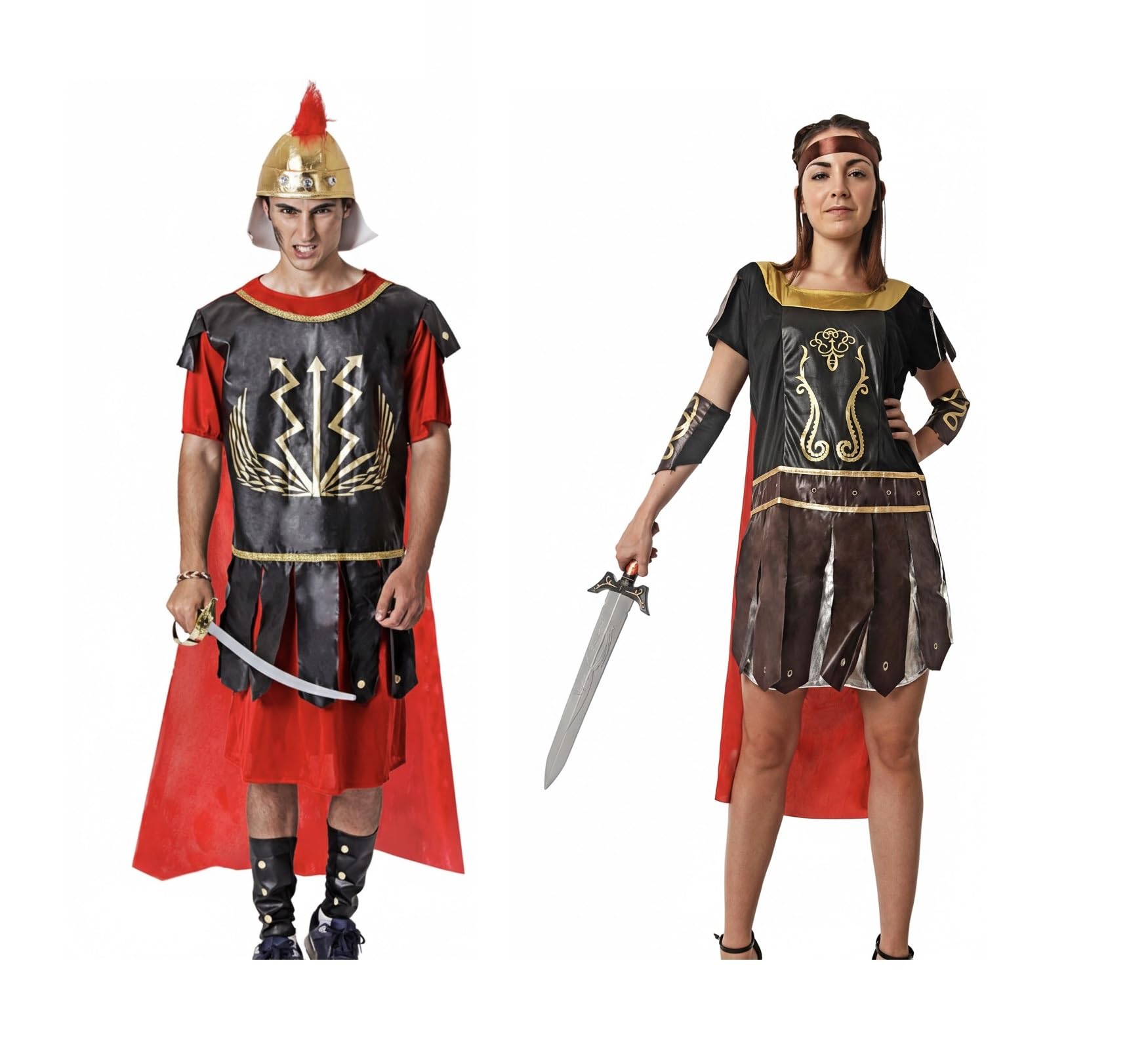 Disfraz de Guerrero Romano para Hombre y Mujer, Incluye Casco, Casaca con Capa, Espinilleras, Cinta de Pelo y Muñequeras