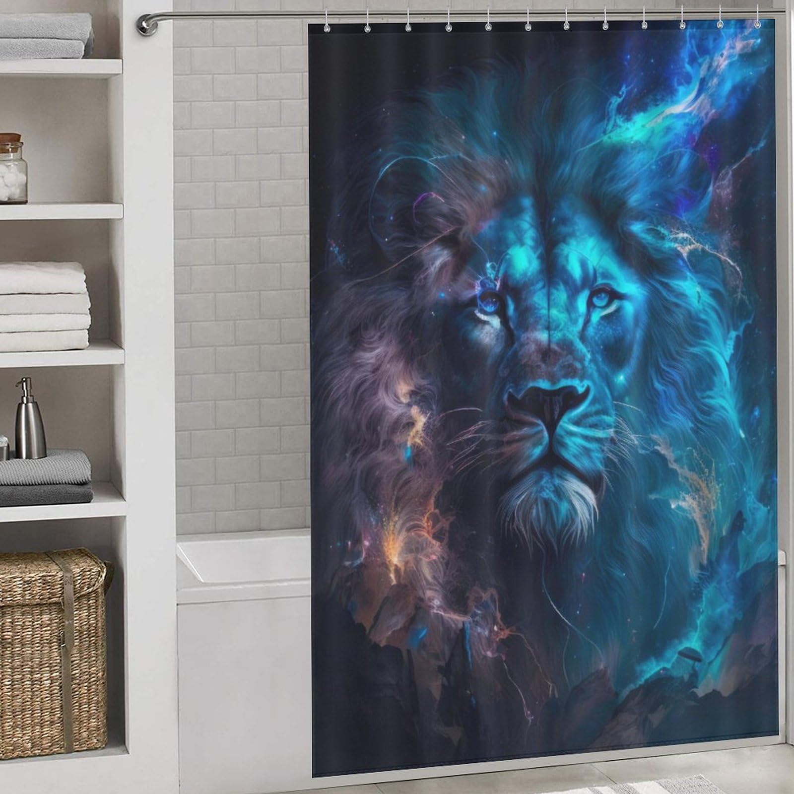 Rideau de douche imperméable et lavable motif lion céleste bleu avec 12 crochets