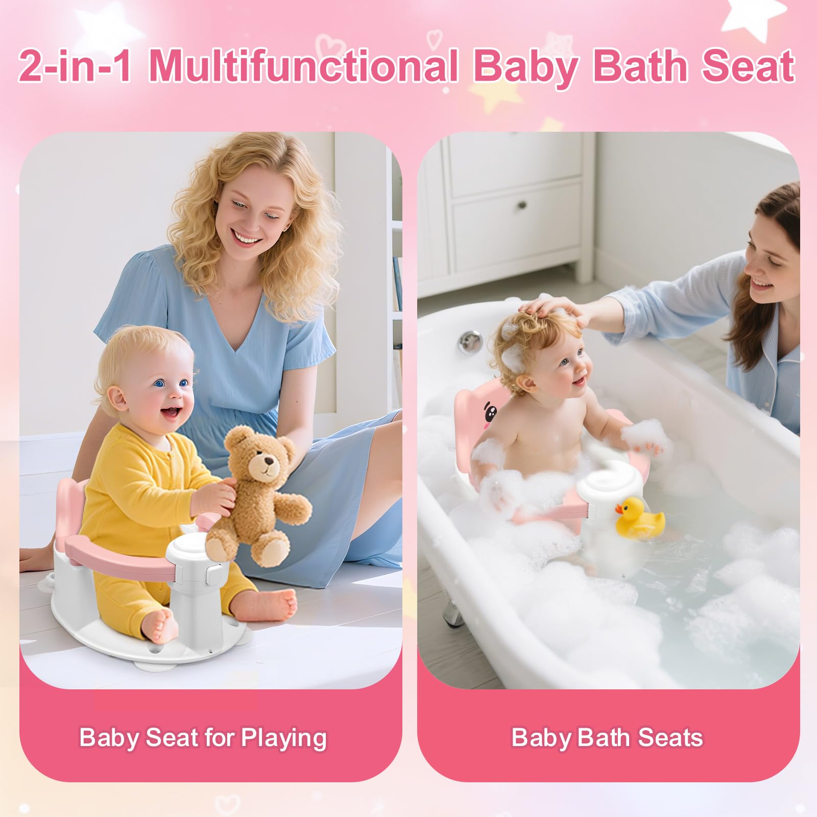 Seggiolino da Bagno Antiscivolo, Seggiolino Doccia Bimbo per Bambini dai 6 Mesi con 4 Ventose, Sedia Doccia Bambini, Regalo per il Bagnetto di Neonati e Neonati (Rosa)