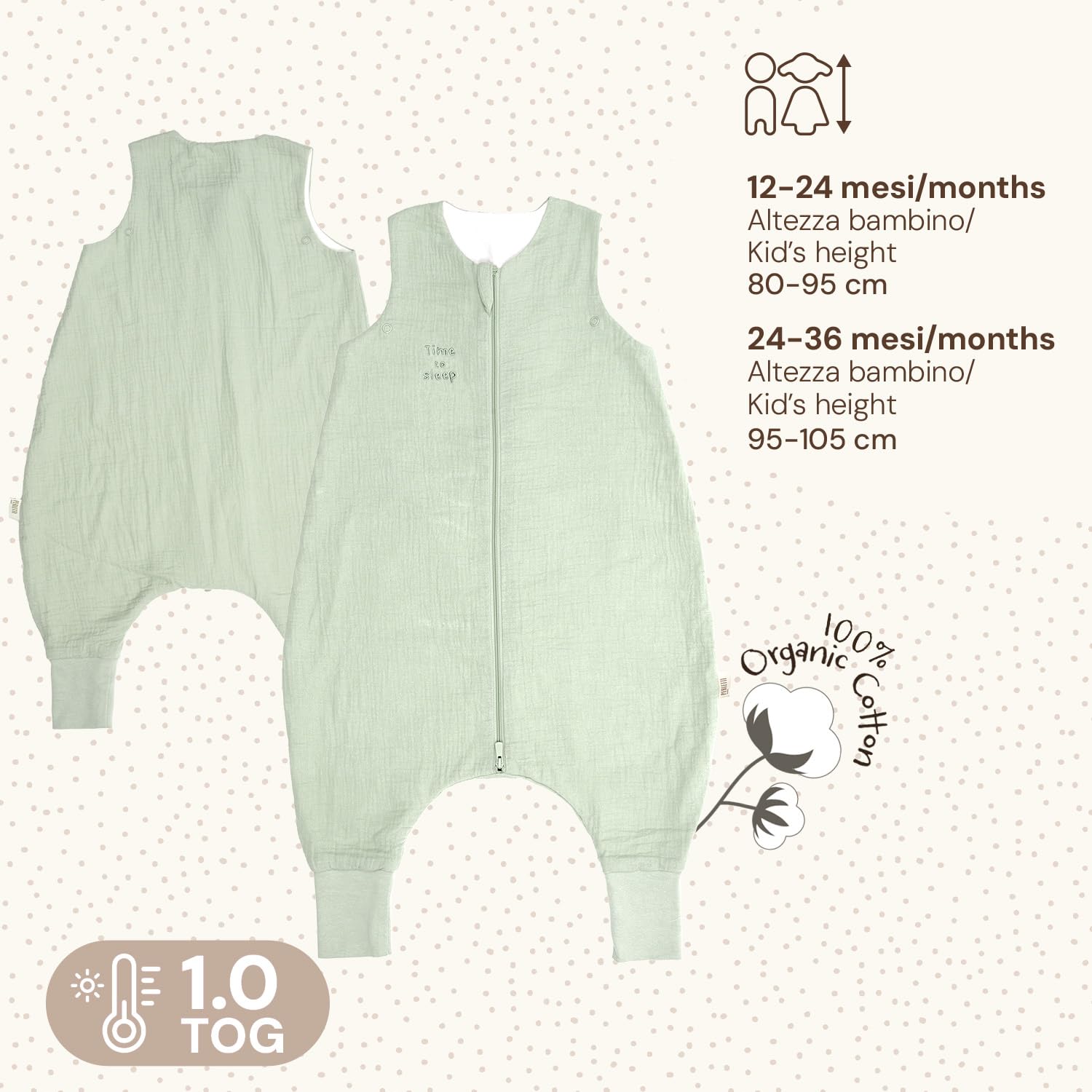 PERLETTI Sacco Nanna Tog 1 Estivo Primavera con Piedini Cotone Organico - Senza Maniche Neonato Bambino Bambina 12-24 Mesi e 24-36 Mesi - Leggero Morbido Pratico con Cerniera Centrale