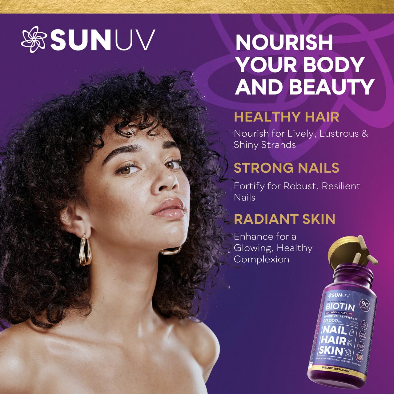 SUNUV Biotin 10,000mcg | Collagen | Keratin | Hyaluronic Acid - 80,000mcg Hair Growth Vitamins for Hair Skin & Nails Support - Women & Men - Vitamins B1,B2,B3,B5,B6,B9,B12 -Made in USA-90 Capsules — Amazon image 3