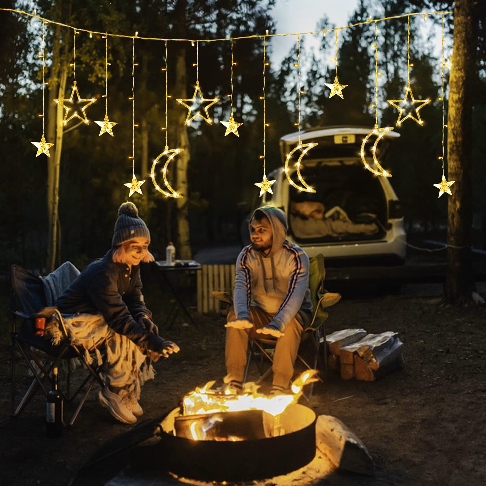 Rideaux lumineux décoratifs lune et étoiles, 3,5 m pour chambre à coucher, Noël, décoration du Ramadan, lumière LED scintillante, fonctionne avec piles ou prise USB (jaune chaud + télécommande)
