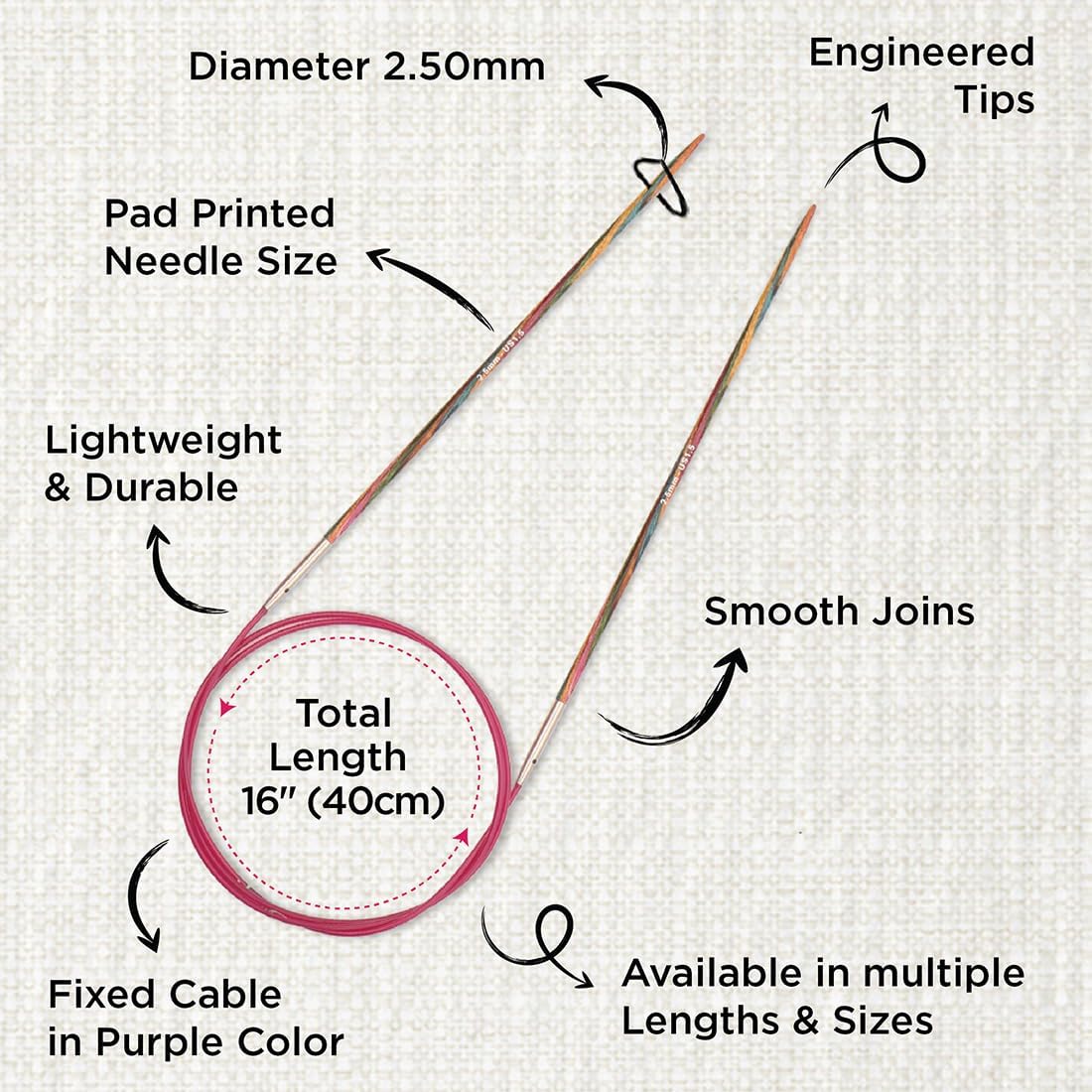 Knit Pro 40 cm x 2.5 mm Symfonie Fixed Circular Needles, Multi-Color