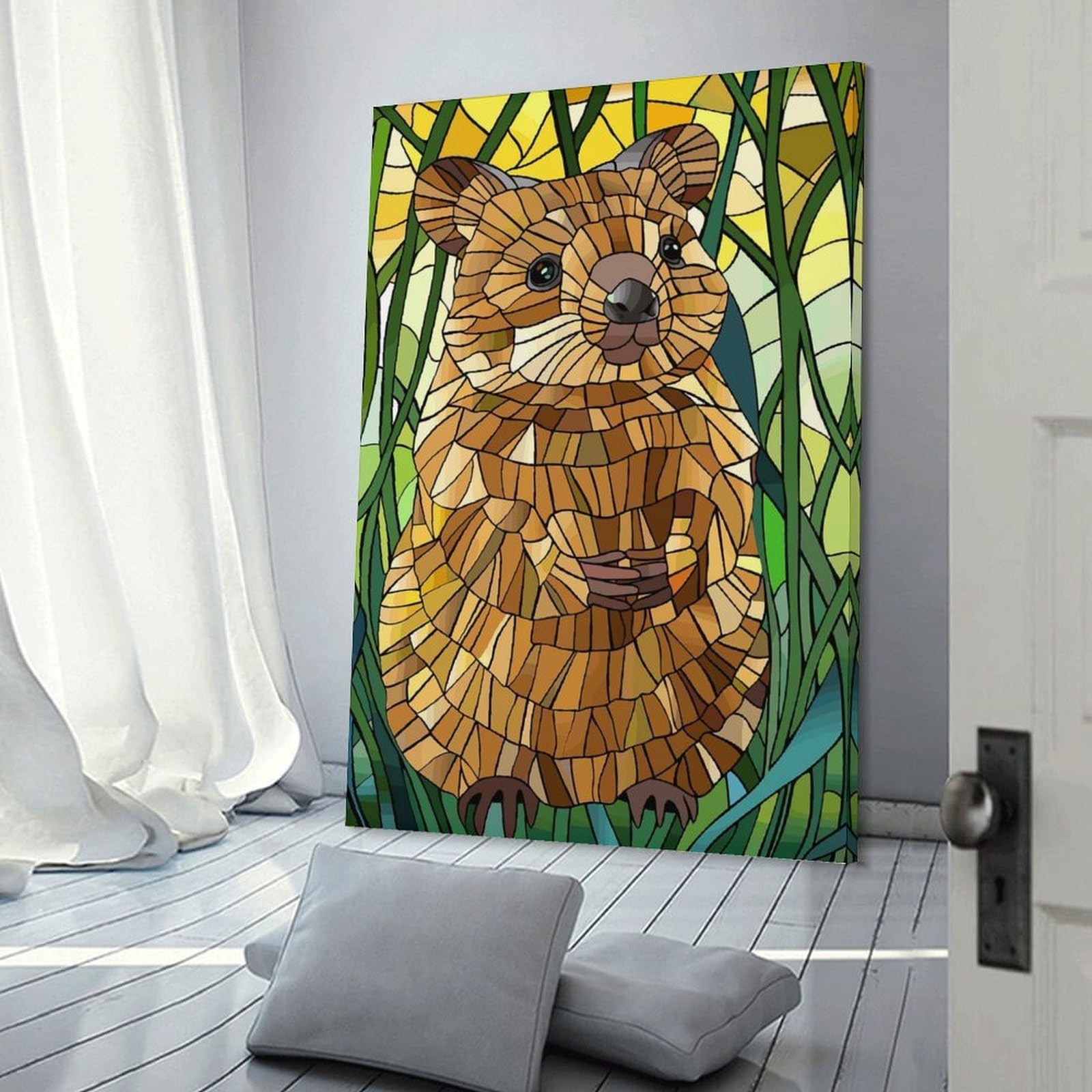 Junmoney Stained Glass Quokka in Nature Canvas Wall Picture, 24x36inch(60x90cm), for Wall Displays, Bedrooms Or Room Updates, Wall Decor Suited to Curated Displays