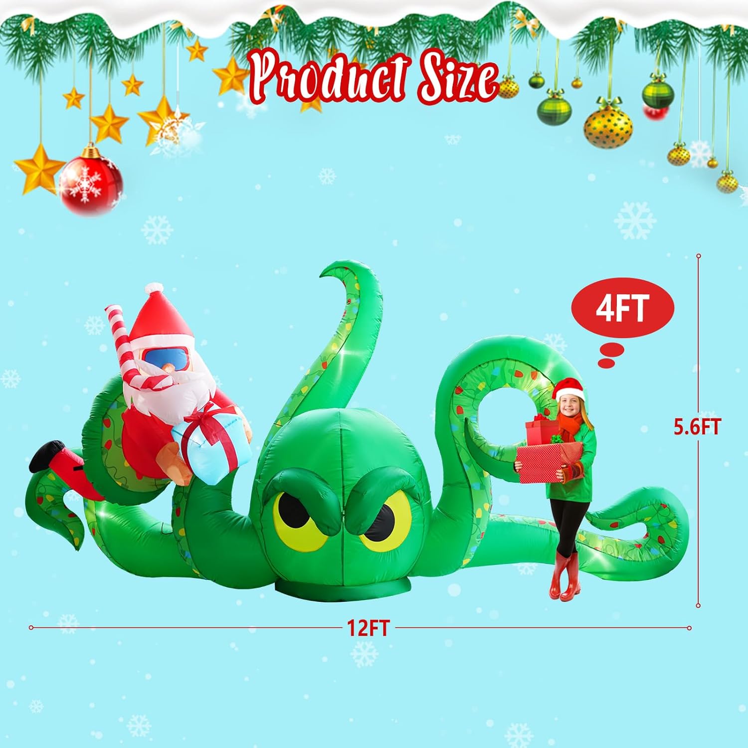 12FT Christmas Inflatables Green Octopus with Santa and Gift Box, Christmas Blow up Yard Decoration Inflatable Deer Built-in 8 LED for Christmas Decorations Outdoor Indoor Xmas Gifts