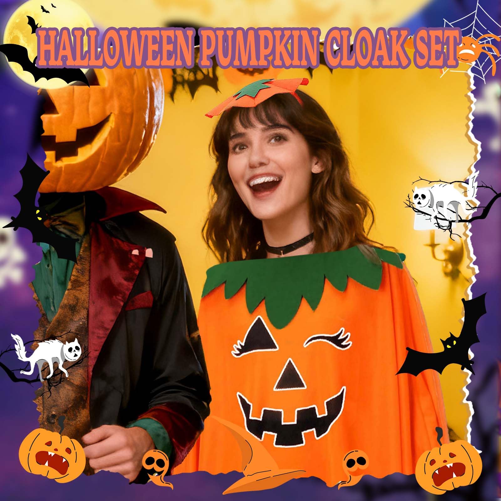 Bagtopia Pumpkin Costume for Adults with Hat Halloween Poncho for Women Men Party Outfit for Halloween Christmas Festival - Image 2