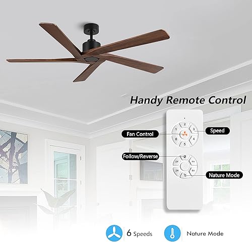 Miniatura 9 de WINGBO Ventilador de techo CC de 54 pulgadas sin luces, 5 cuchillas reversibles de madera maciza tallada, motor de CC silencioso de 6 velocidades,