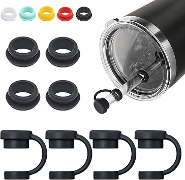 Straw Cover for YETI Cup, 4 Sets Silicone Spill Stopper Compatible with YETI Tumbler, Leak Proof Kit of Mug Accessories Including 4 Straw Cover, 4 Leak Proof Stopper Black 4PCS