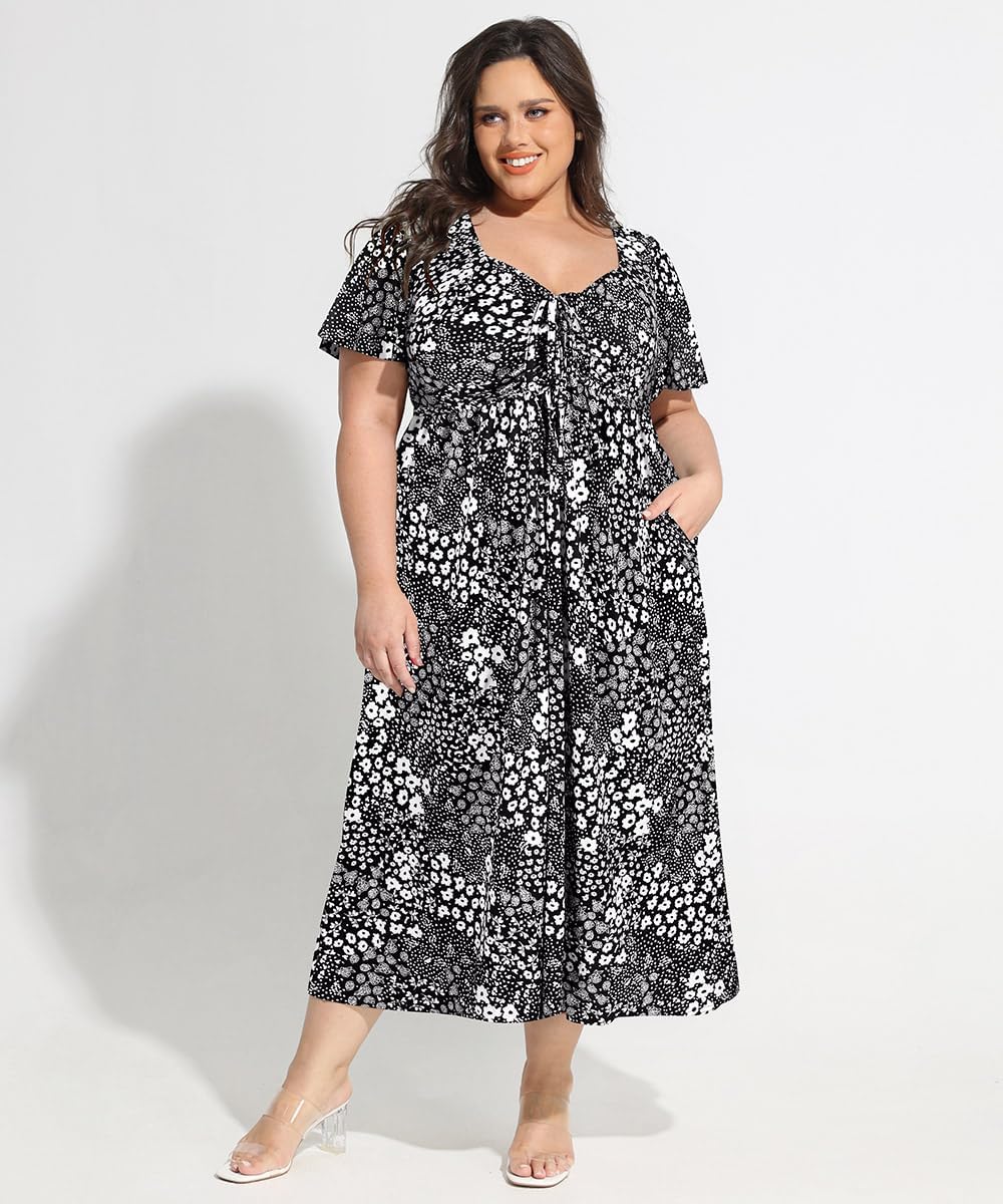 CARCOS Plus Size Dresses for Curvy Women Tie Sweetheart Neck Summer Maxi Dress Short Sleeve Empire Waist Floral Boho Dress - Image 3