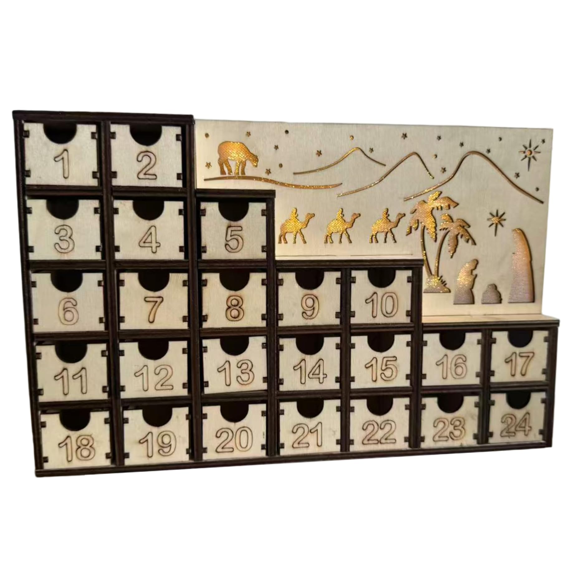 Calendario dell'Avvento in legno con cassetti LED Conto alla rovescia per 24 giorni Calendari dell'Avvento vuoti fai-da-te da riempire riutilizzabili per decorazioni per feste natalizie