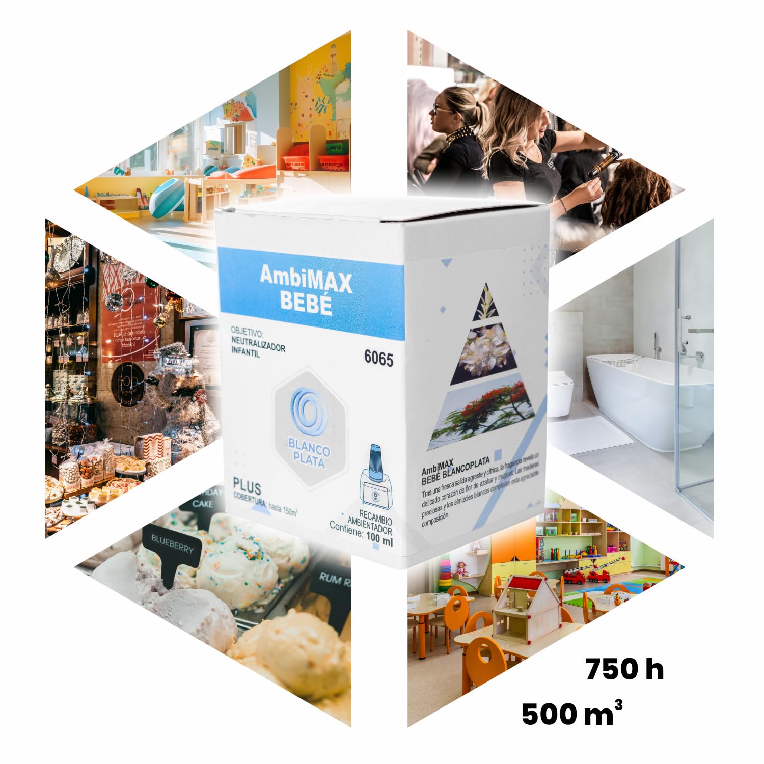 Recambio Ambimax Ambientador fragancia Bebe Plus 100ml 30 días de duración, 150m2 de cobertura, infantil y neutralizador de malos olores, para guarderías y parques infantiles (NO INCLUYE APARATO)