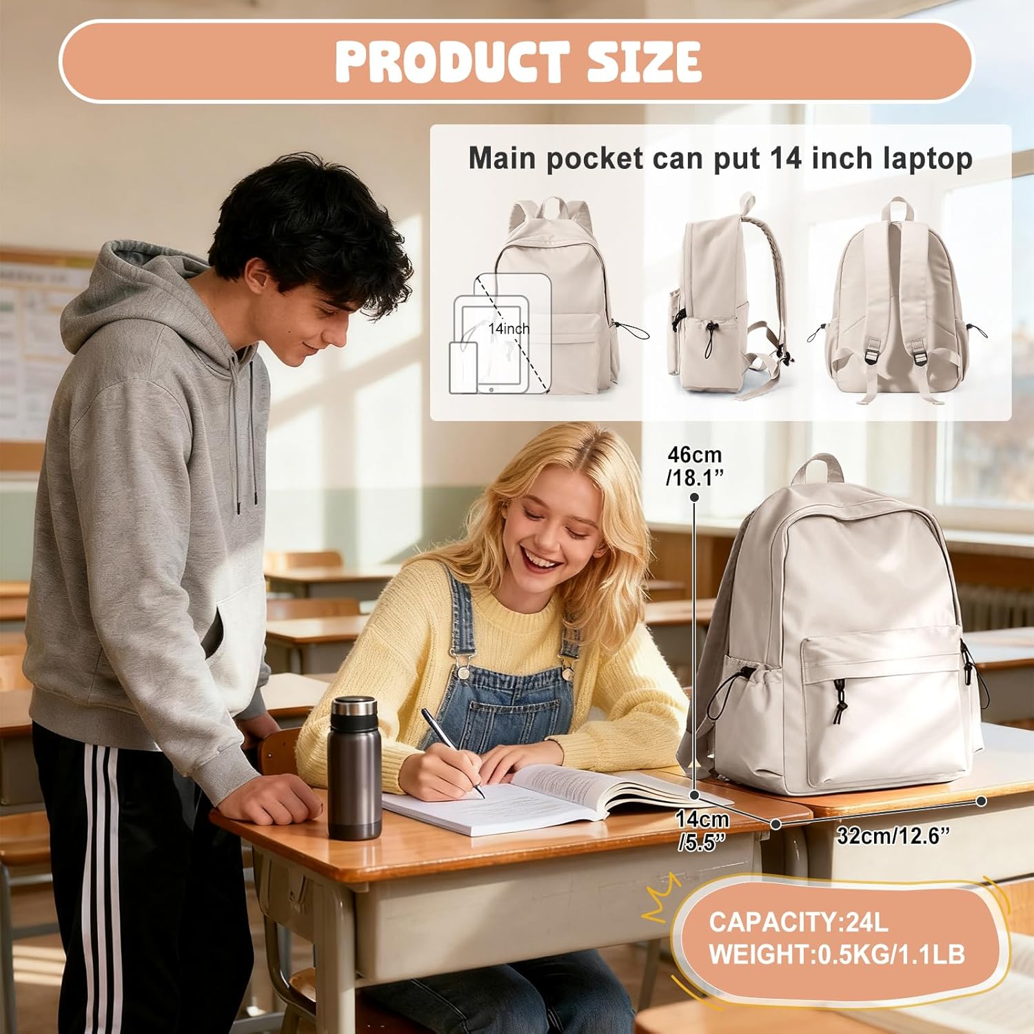 VECAVE School Backpack Beige Waterproof Bookbag Casual Lightweight Travel Rucksack Daypack Backpacks for Men Women College High School Bags backpack for Boys Girls Teens