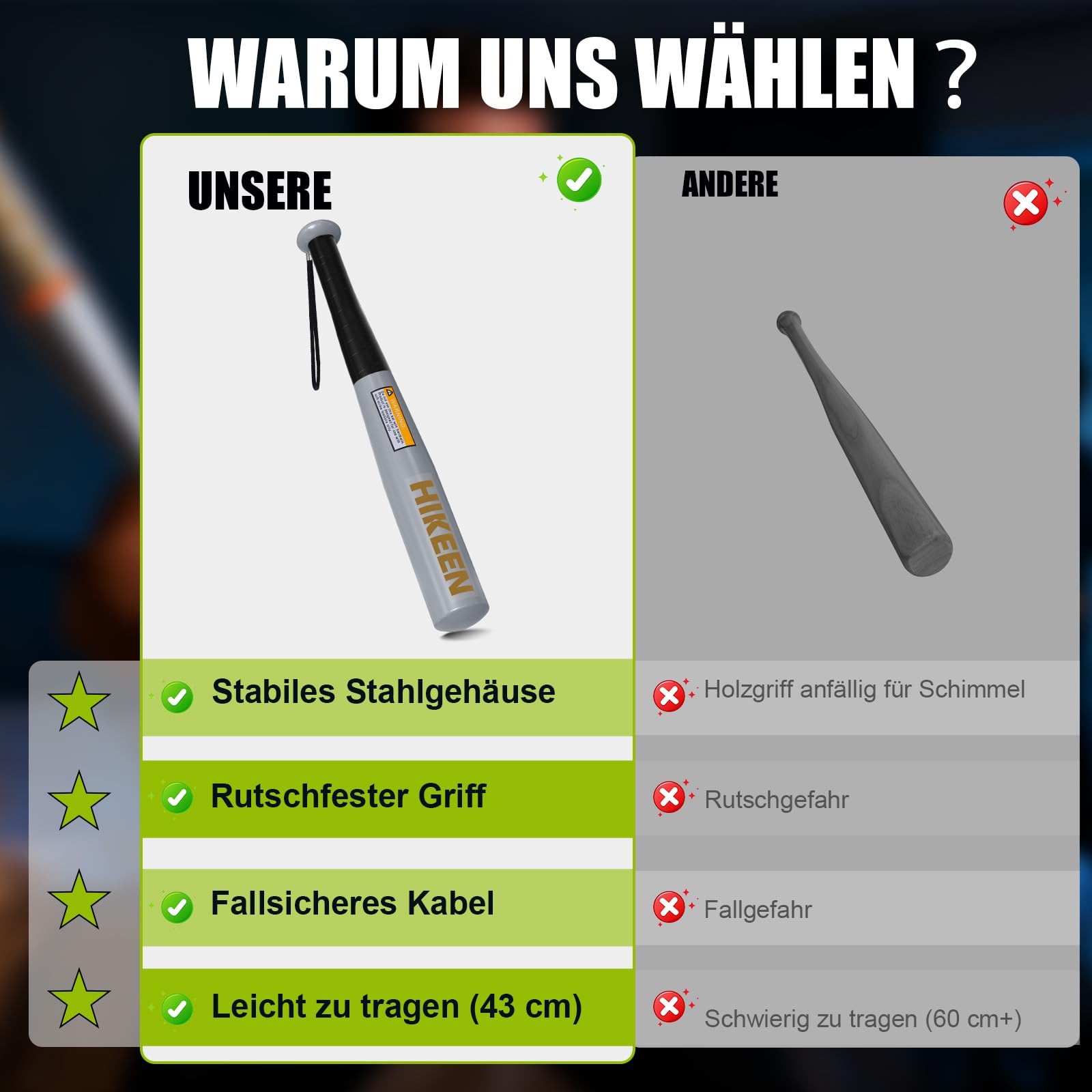 BOOSTEADY Baseballschläger aus robustem Stahl mit Rutschfester Griff und Paracord-Handschlaufe und 43cm für unterwegs