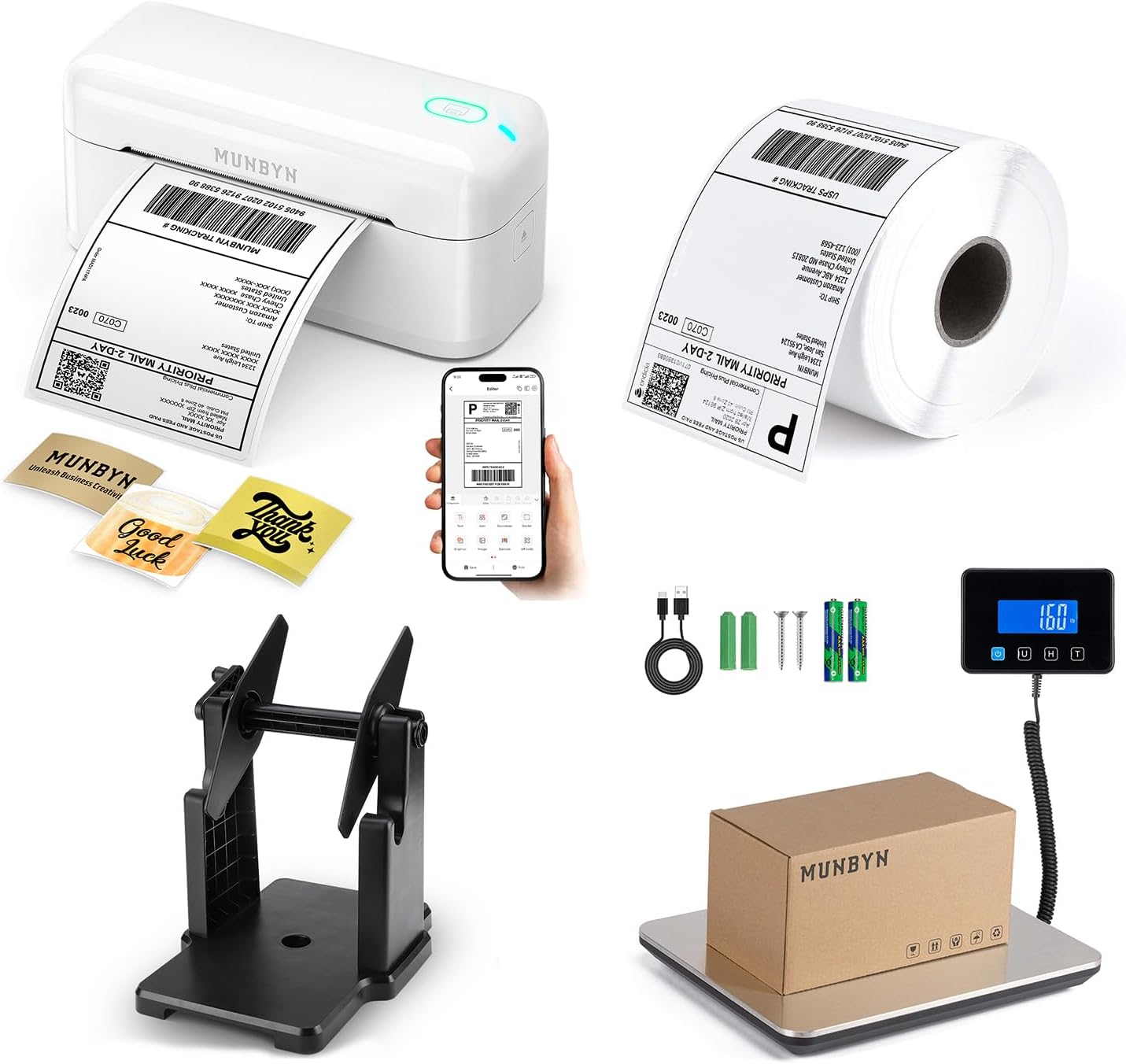 MUNBYN RW402B Bluetooth Thermal Label Printer+Thermal Direct Label (Pack of 500 4x6 Per Roll Labels)+2 in 1 External Rolls Label Holder+IPS03 440lb for Postal Scale