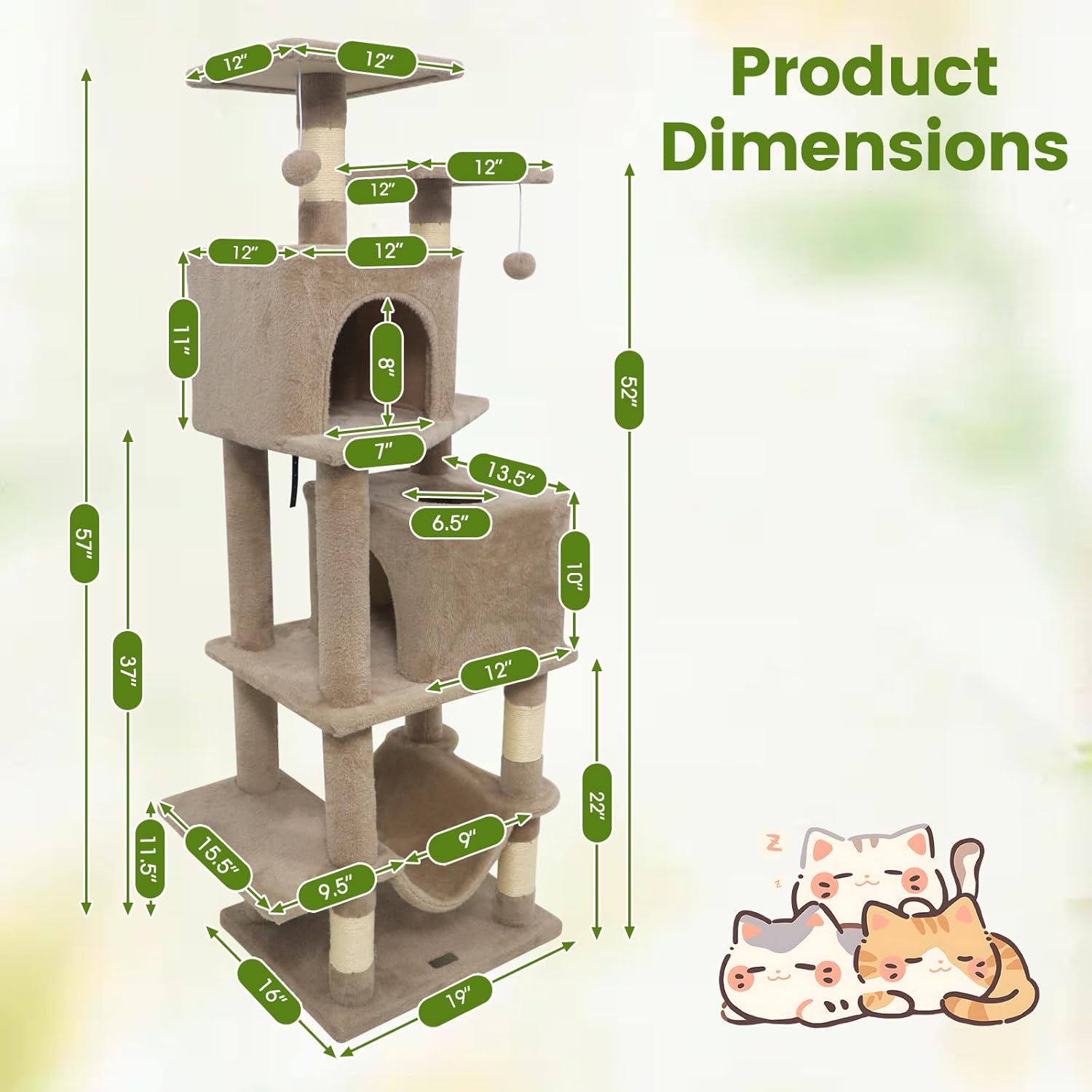 PETSITE 57-inch Modern Cat Tree, Multi-Level Cat Tower with 2 Comfy Condos, Sisal Scratching Posts, Plush Top Perch, Snug Hammock, and Dangling Balls, Ideal for Indoor Cats and Kittens (Coffee)