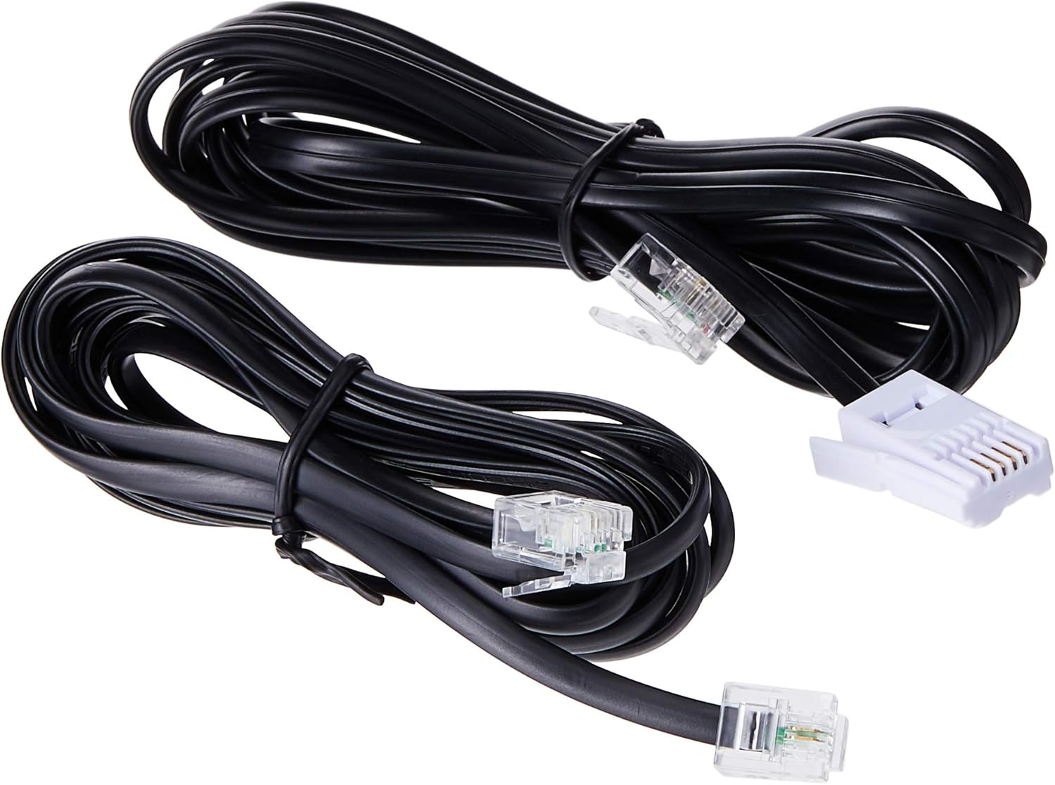 Two black telephone line cords with clear plastic connectors.