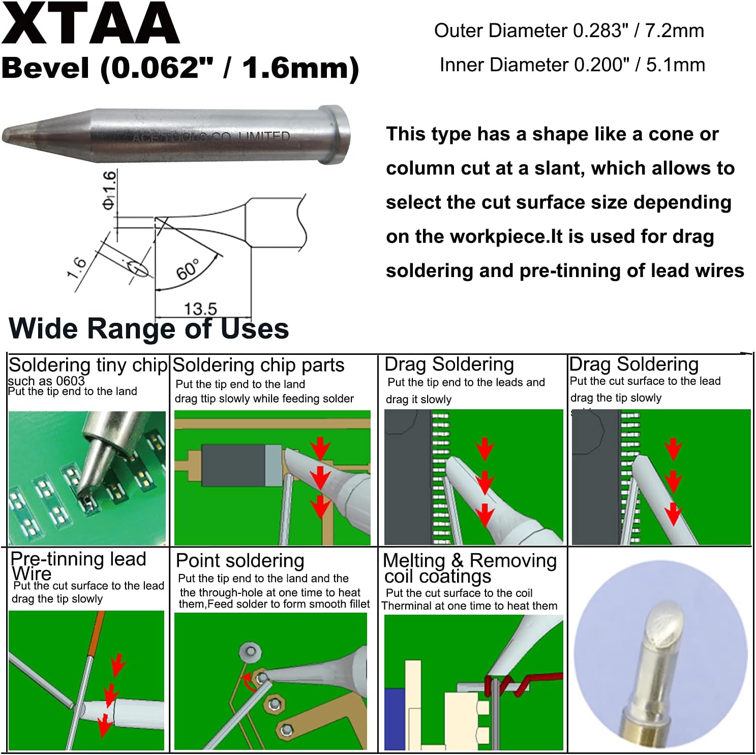 XTAA Bevel Single Flat 0.062" / 1.6mm for WX1010 WX2020 WT1010H WD1000HPT WXP120 WP120 WP120IG WXMP120 ACE Brand Solder Iron Tip (10)