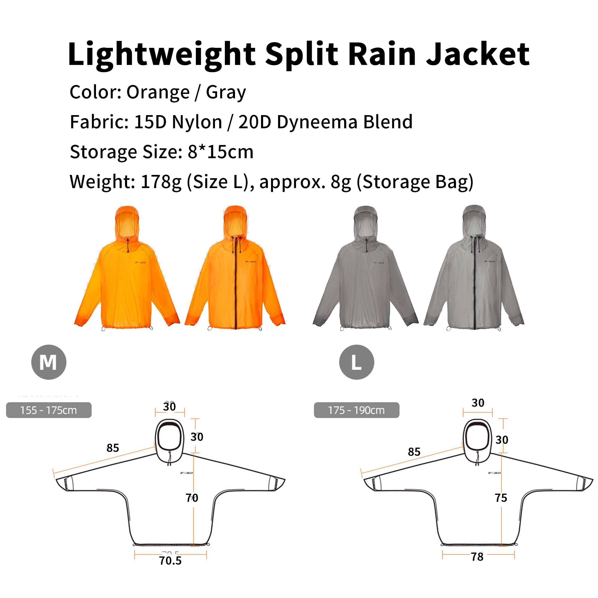 3F UL GEAR - Giacca impermeabile e pantaloni impermeabili disponibili singolarmente, leggera, antivento, antineve e impermeabile, PU10000 mm, antistrappo e ripiegabile, per attività all'aperto