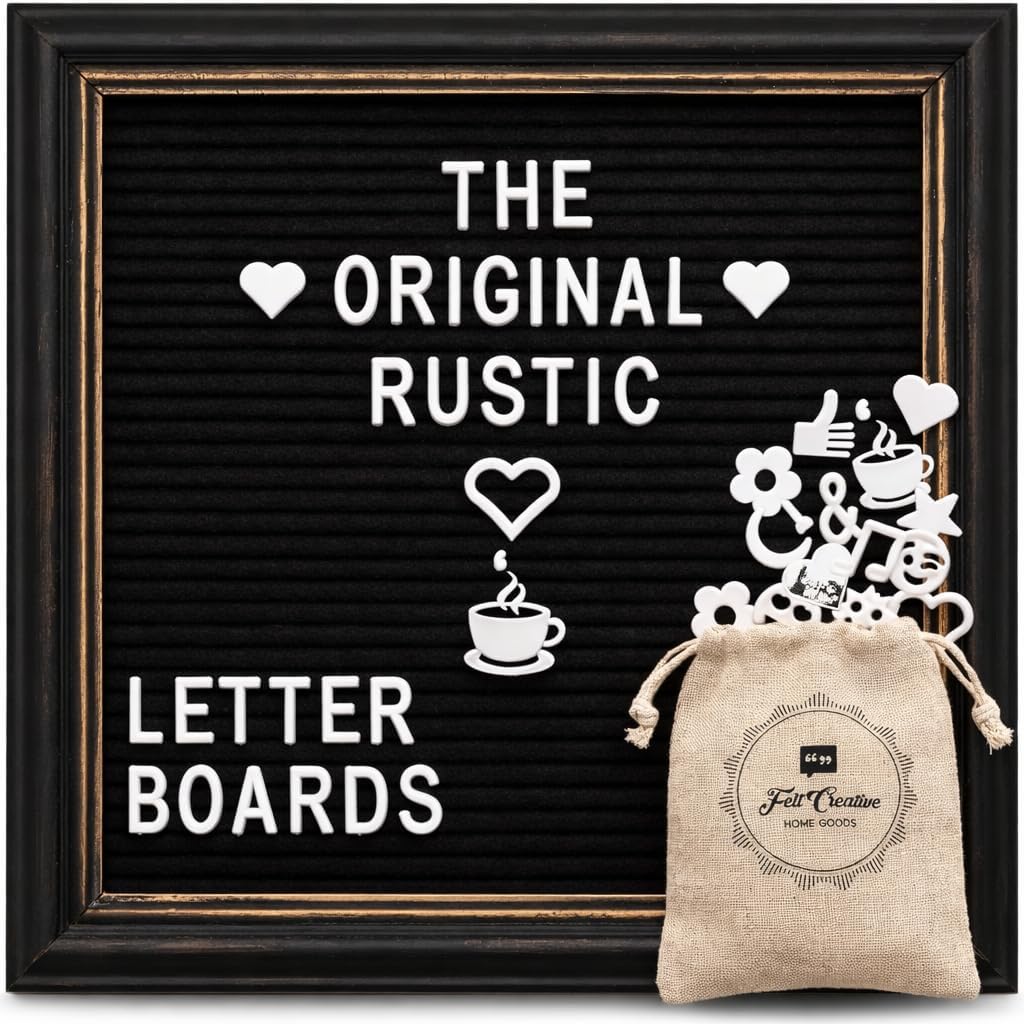 Black Felt Letter Board with Rustic Black Wood Farmhouse Vintage Frame and Stand by Felt Creative Home Goods 10x10 Inch Changeable Message Board 350 White Alphabet Letters, Numbers, Emojis