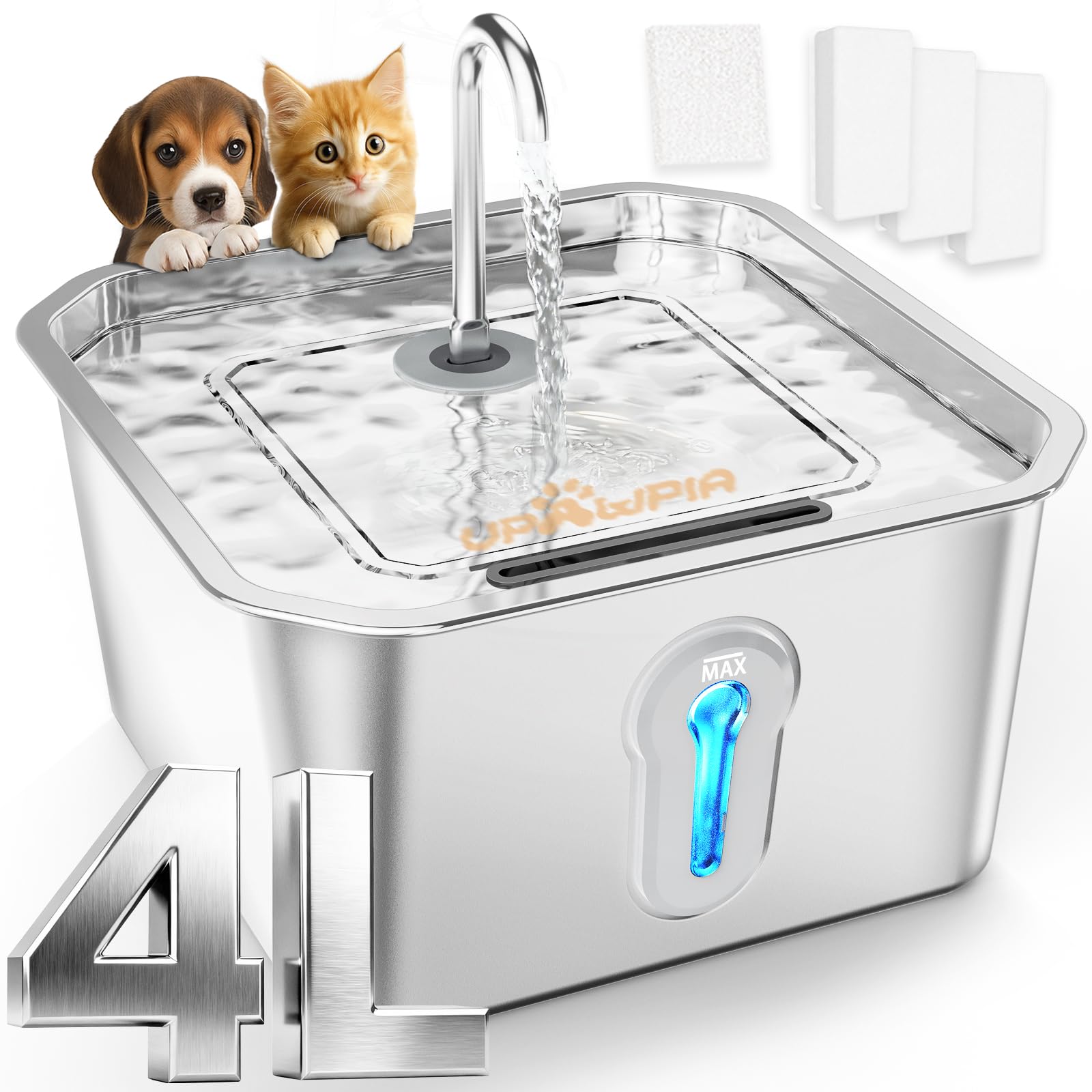 4L Fuente para Gatos Acero Inoxidable Fuente de con 3 filtros Agua Automática para Mascotas para Gatos/Perros Metálica Ultra Silenciosa para Beber Suministros para El Riego de Gatitos