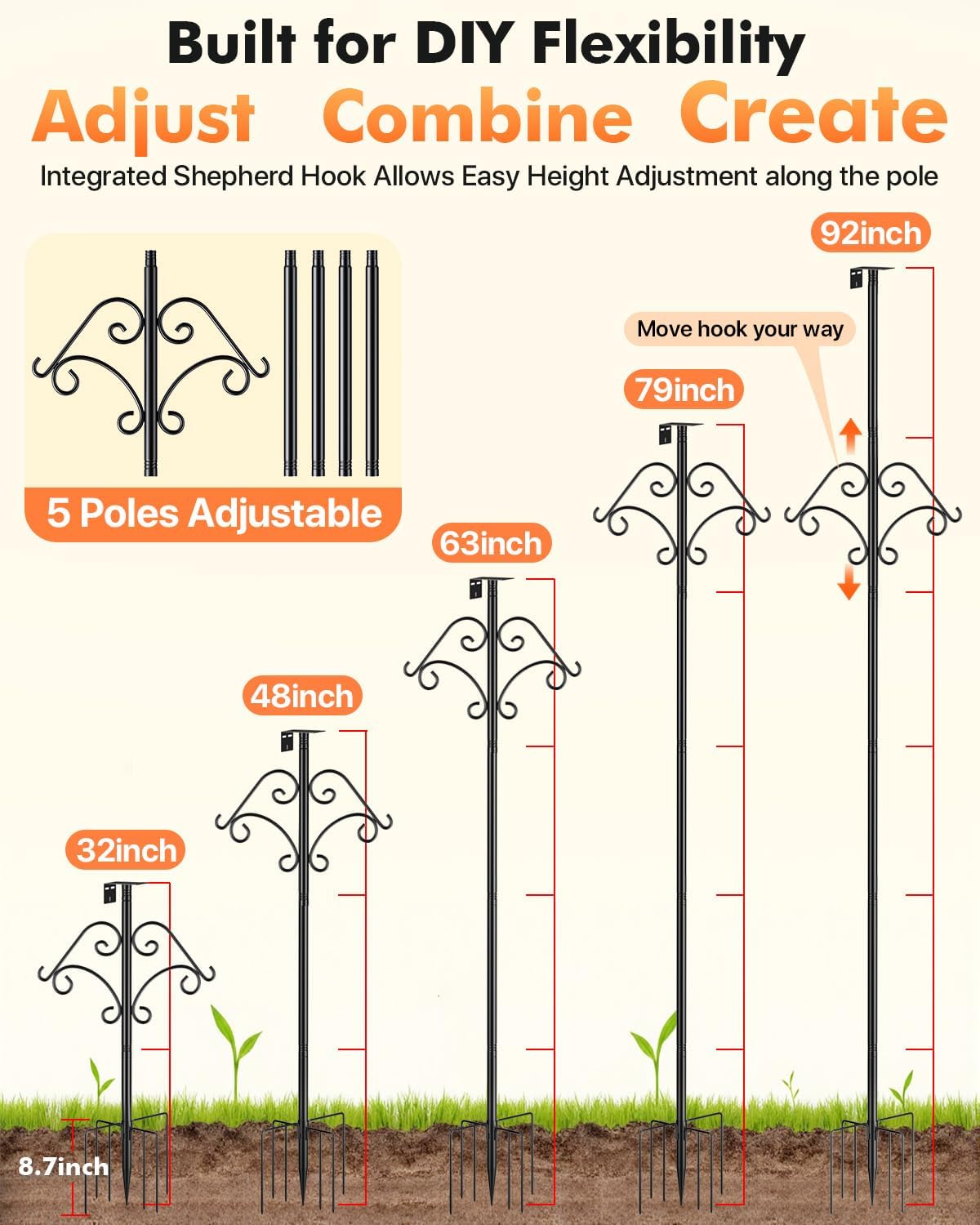 92 Inch Squirrel Proof Bird Feeder Pole with Baffle, Heavy Duty Bird House Pole with Shepherd Hooks for Outdoors, Adjustable Yard Bird Feeding Station for Hanging Bird Feeders, Plants, Wind Chimes