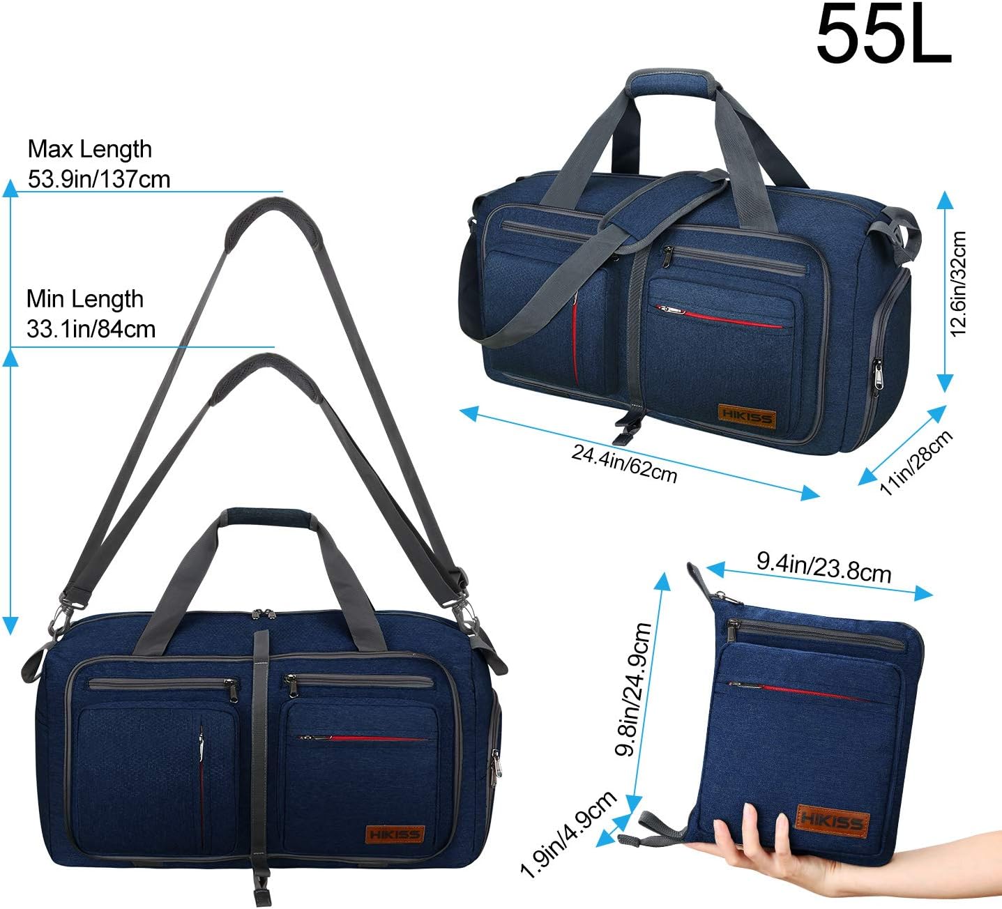  | Travel Duffel Bag, 55L Foldable Duffle Bag with Shoes Compartment Packable Weekender Bag for Men Women Water-proof & Tear Resistant HIKISS-Blue | Travel Duffels