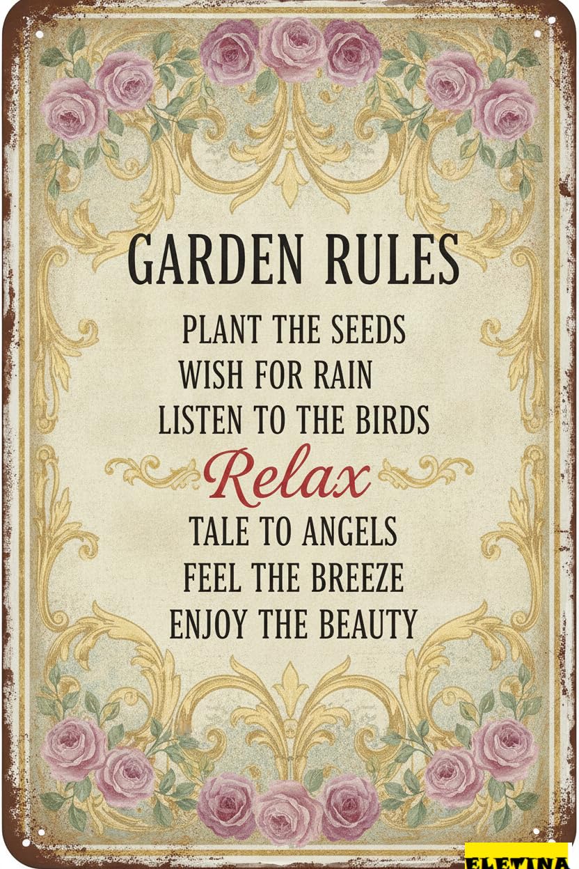 Tin Sign for Man Cave Vintage Garden Rules - 8x12 Inches Decorative Outdoor Use, Perfect Home, Patio, Porch, Backyard, And Garden Decor Private Property