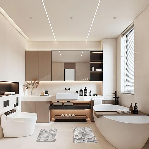 Miniatura 7 de Juego de 2 tapetes de baño de espuma viscoelástica de adoquines suaves y absorbentes, tapetes rectangulares para el inodoro y la ducha (gris claro)