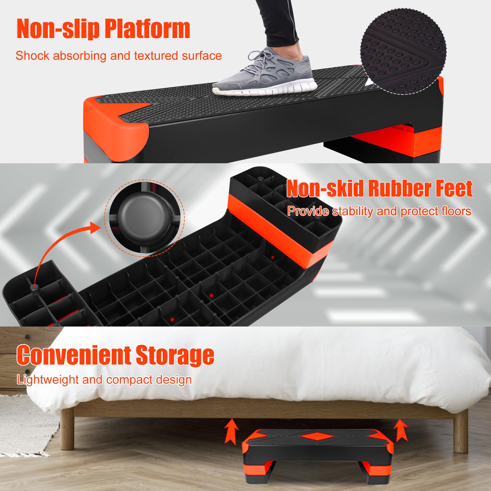 Aerobic Step Platform Orange, Höhenverstellbar, Rutschfest, Kompakt | Mehrere Höhenstufen (10/15/20cm), rutschfeste Oberfläche, klappbar & tragbar, für Heim- & Gym-Training