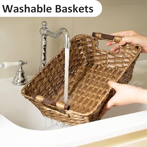 Miniatura 2 de ROSOS Cestas de mimbre, 2 unidades, canastas de mimbre grandes lavables para almacenamiento con asas de madera, cesta de almacenamiento de mimbre de