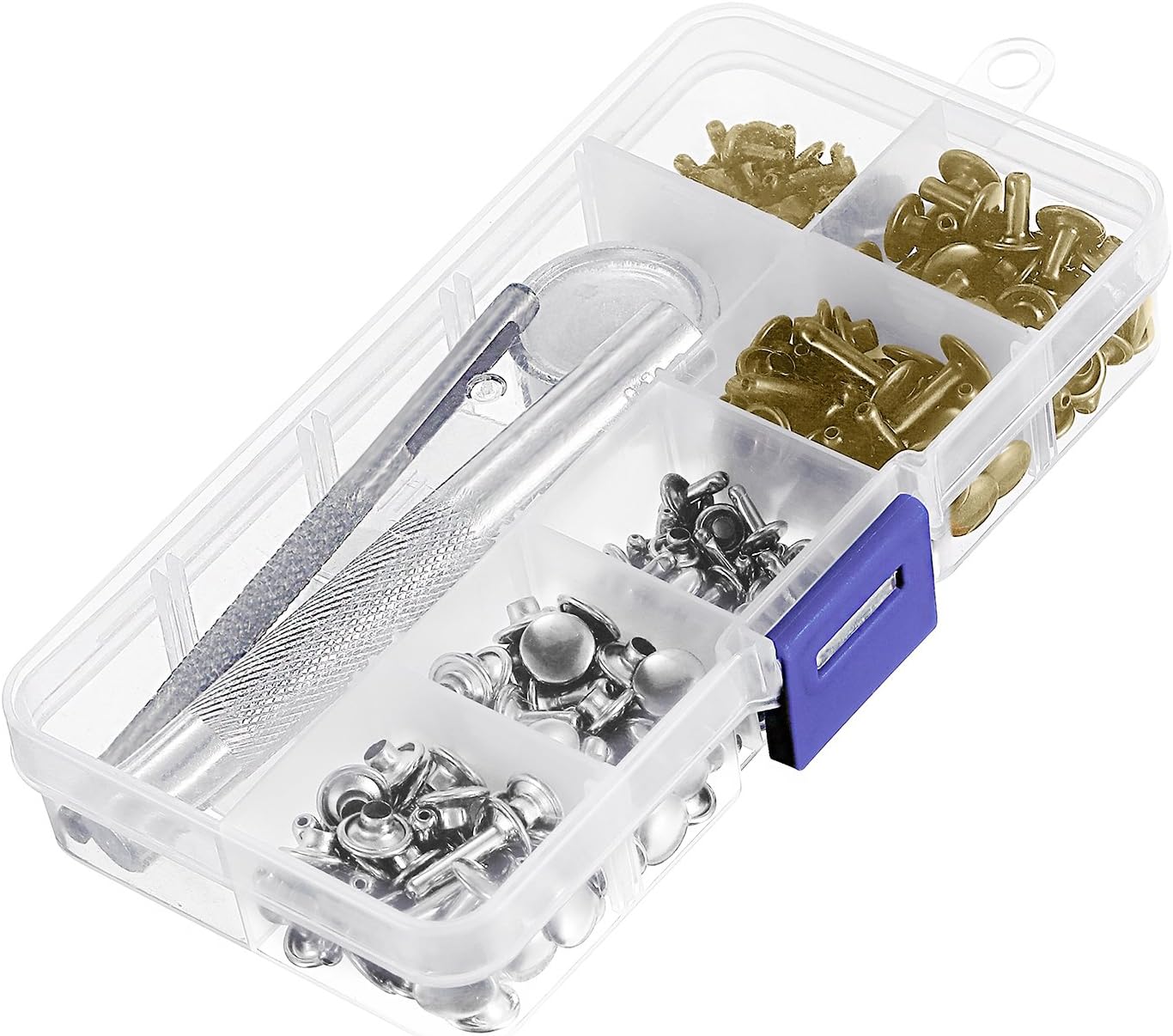 Bememo 120 Set Leather Rivets Double Cap Rivet Buttons with Setting Tool Kit and Storage Box for DIY Leather Craft, 3 Sizes (Silver and Bronze)