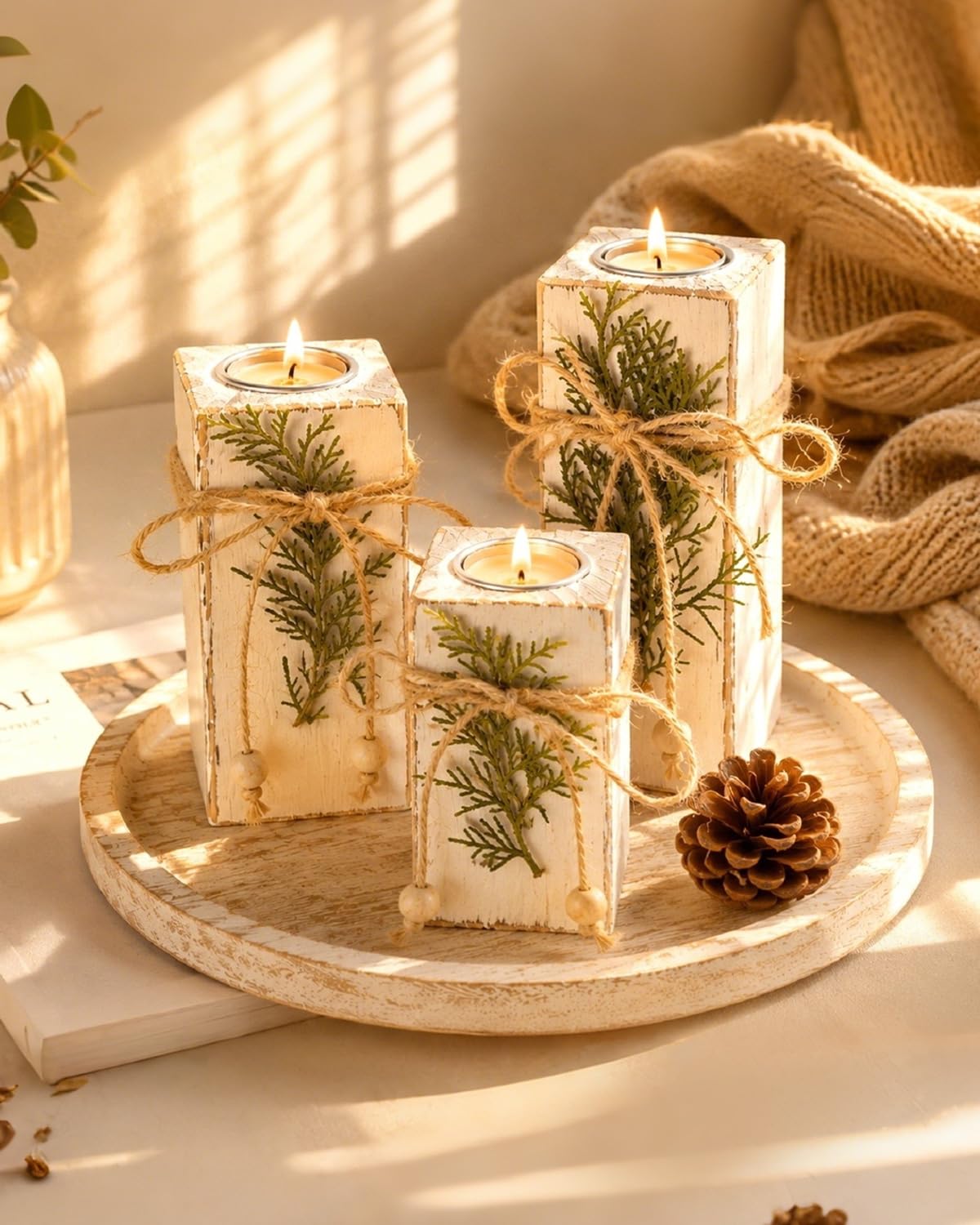 Set di portacandele in legno da tè con 3 pezzi – portacandele decorativi da tavolo stile rustico – decorazione in legno come regalo per le festività （blanc antique）