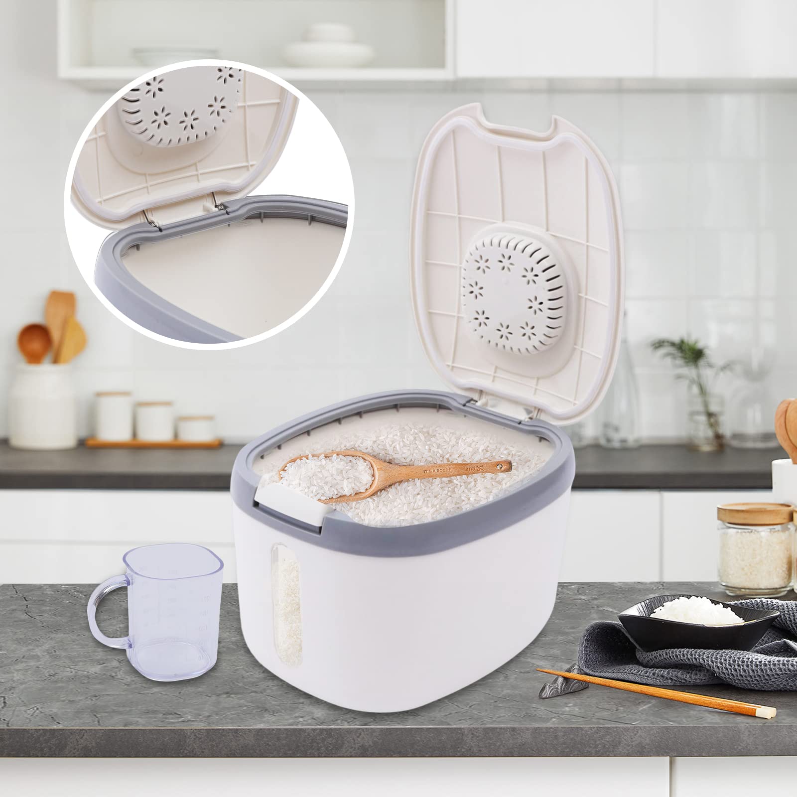 Recipiente hermético de 5 kg, dispensador de arroz con tapa y vaso medidor, caja de almacenamiento de cocina, para arroz, cereales, pasta, harina (gris, 5 kg)