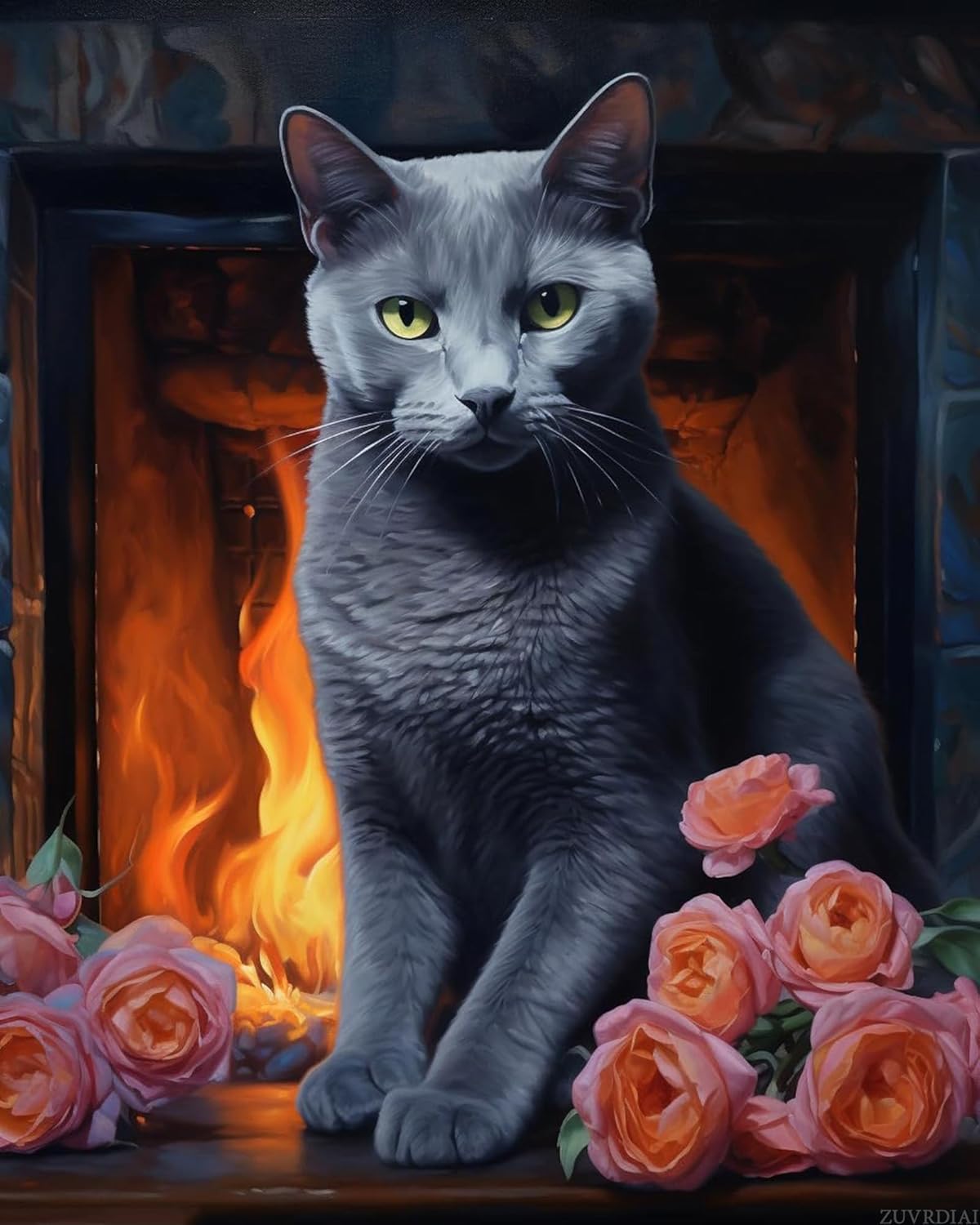 ZUVRDIAI DIY Paint by Number Kits for Adult Beginner, Russian Blue Cat Flickering in Fireplace, Paint by Numbers Kits for Adults, Canvas Painting Gift Kit for Modern Home Wall Decor, 40x50cm