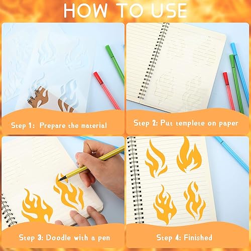 Vista 4 de 5 hojas de plantillas de llama para aerógrafo, plantillas de fuego reutilizables, plantilla de decoración de pintura para arte, ventana, pared