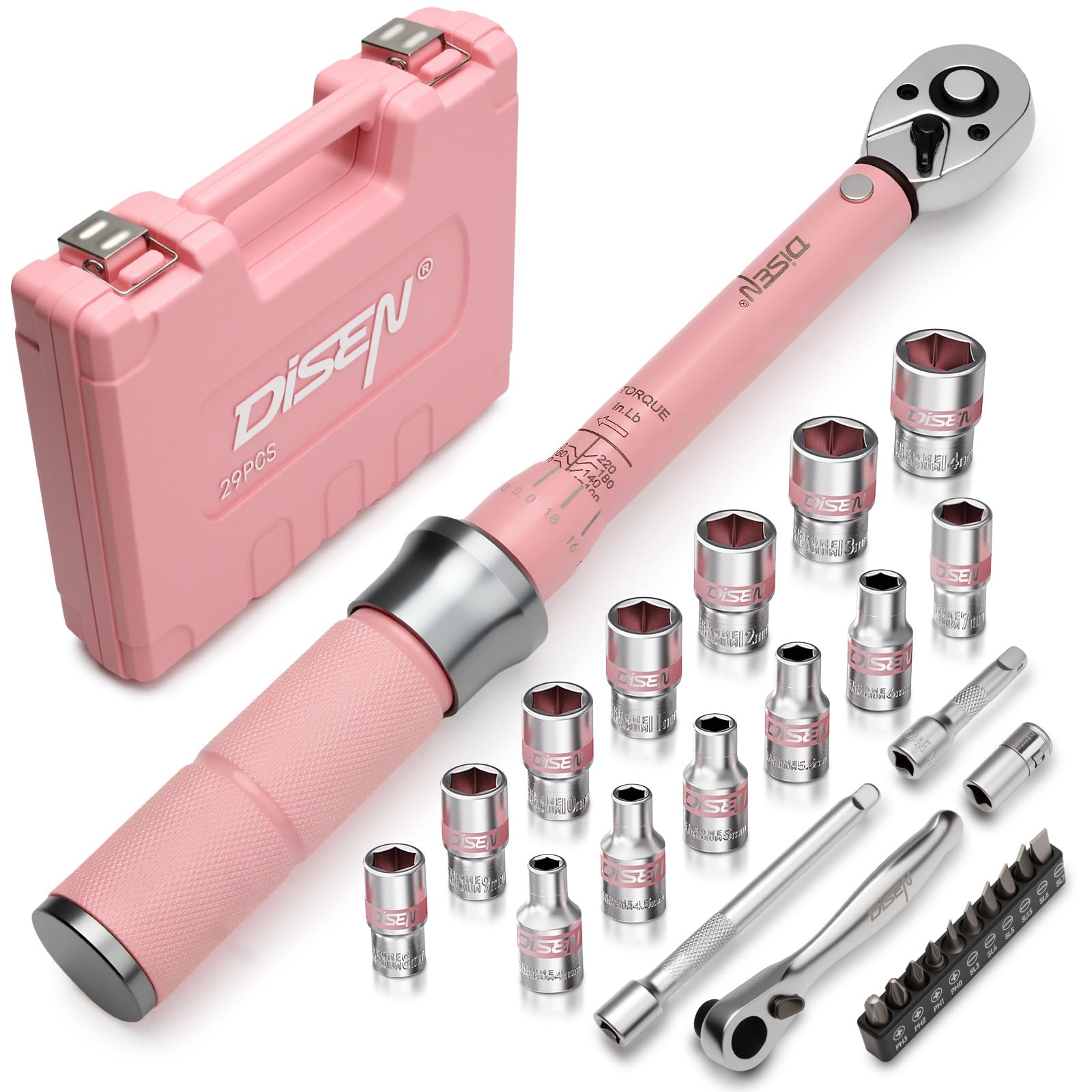 DISEN 28 PCS Pink Bike Torque Wrench Set 1/4 Drive, Gift
