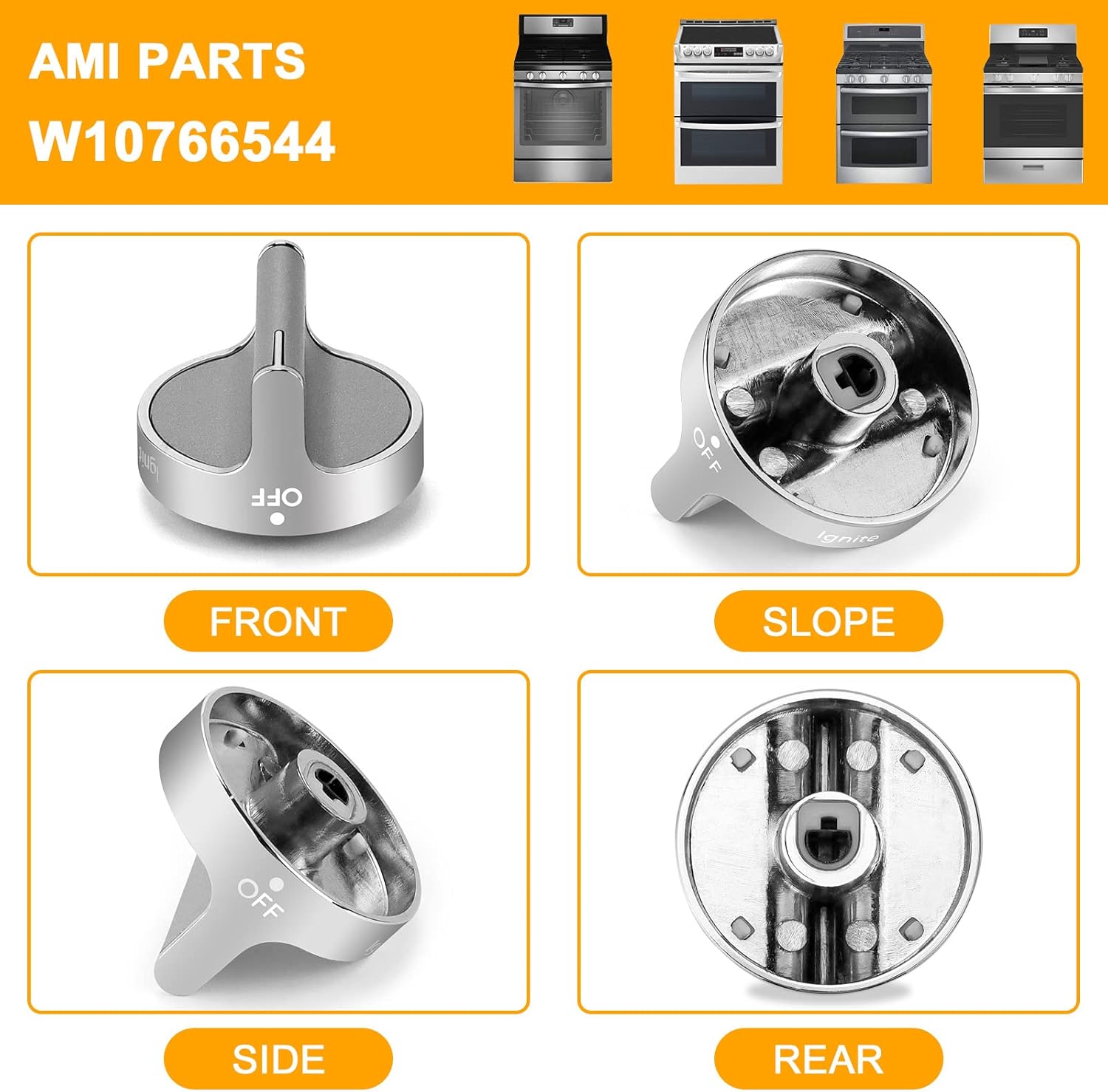 AMI PARTS W10766544 Gas Stove Knobs Burner (Mark-Off) Control Knobs Replacement for Whirlpool Knobs Range WFG540H0ES0 W10430807 W10676228 4248219 AP5958476 PS10067059-5 Pack- Not W10594481