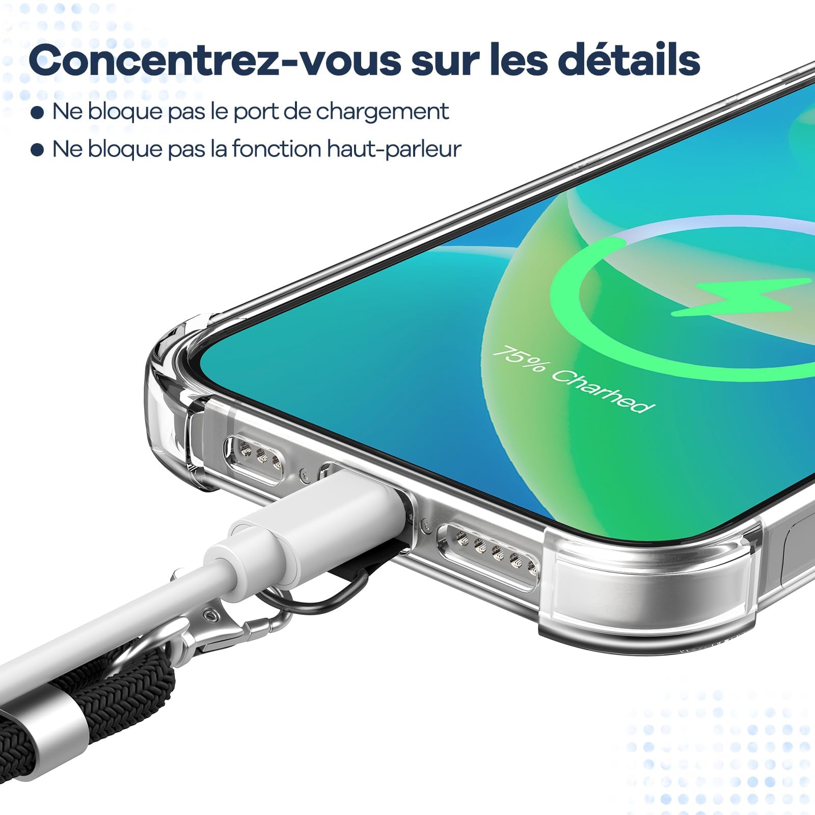 caslord Cordon Telephone Portable, avec 2 Patchs Noirs Durables, Lanière de Téléphone Portable 1,6m Adjustable, Collier Compatibles avec Tous Les Smartphones et Plupart des Coques-Noir