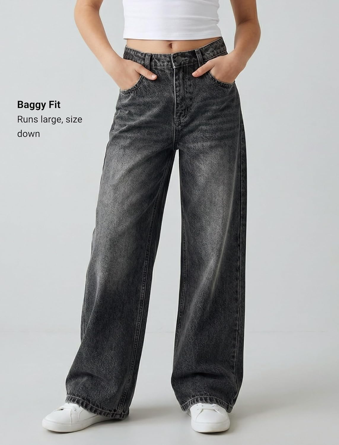 EXARUS Girls Jeans Baggy Wide Leg Cute Teen Denim Pants Junior Mid Rise Elastic Band with Pockets Casual Clothes