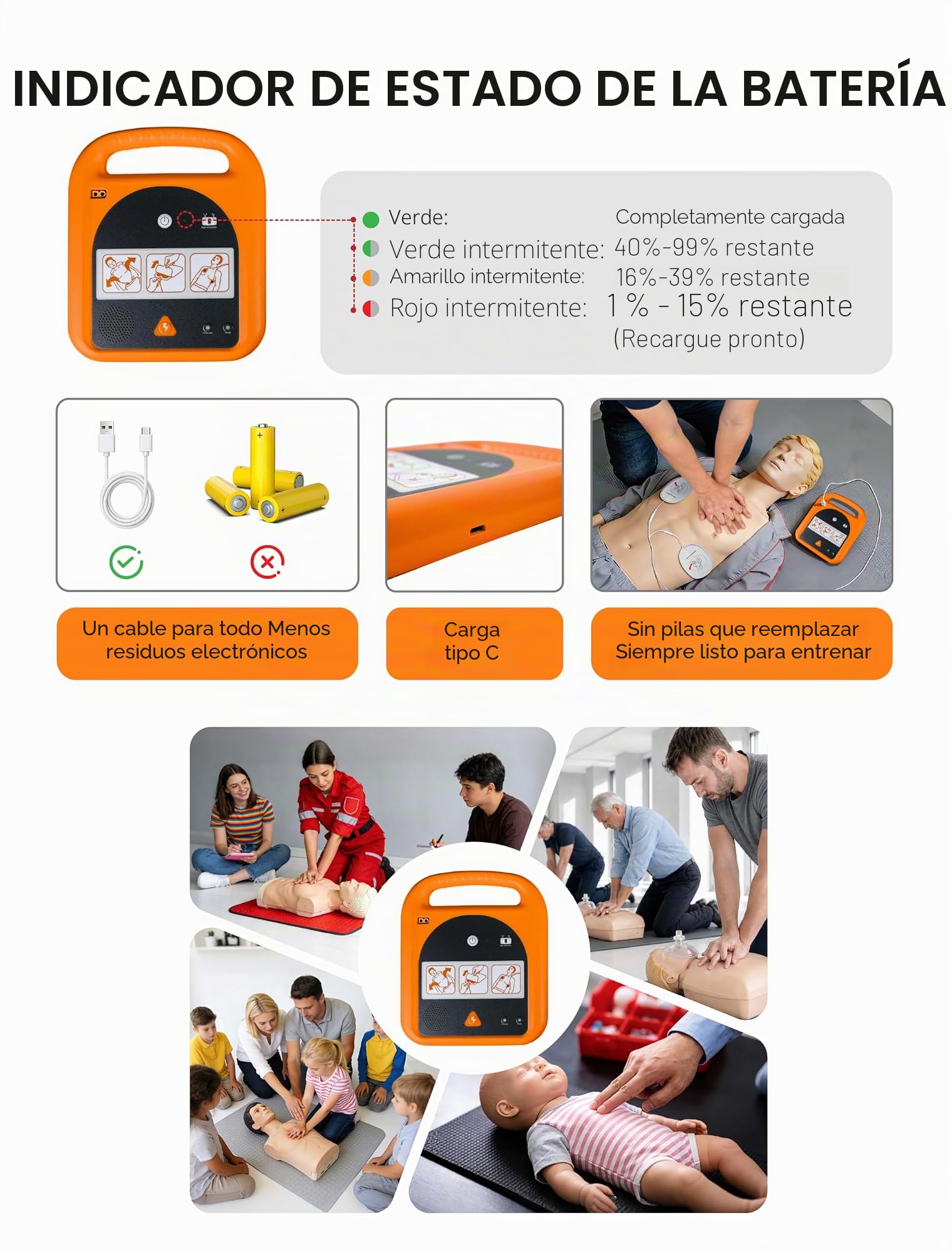 Entrenador DEA, dispositivo de entrenamiento portátil con 4 escenarios, indicaciones de voz en inglés solo para principiantes de primeros auxilios y estudiantes en prácticas