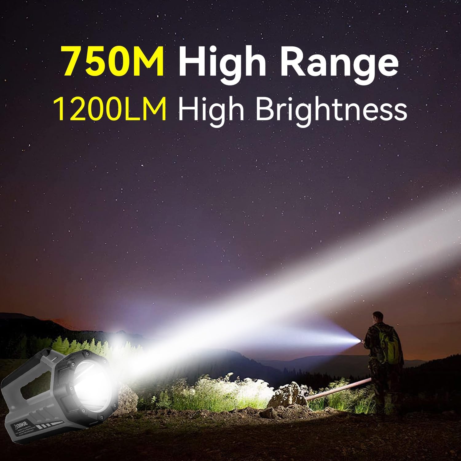 SUNREI Torcia LED ricaricabile 1200 lumen, torcia portatile da campeggio con 8 modalità di illuminazione, batteria esterna 10400 mAh, resistente AGU grigio