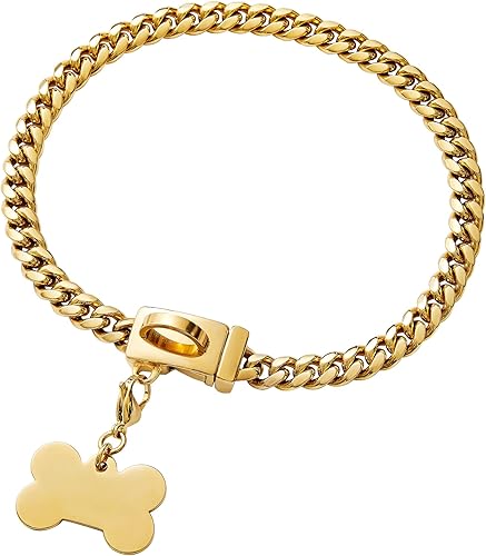 Miniatura 64 de Collar de perro de acero inoxidable, collar de joyería de bulldog con encanto, impermeable, oro rosa, negro, plata, resistente, collar de perro