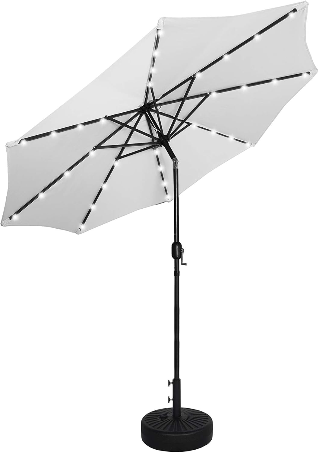 WO Home Furniture 9 Ft Patio Solar Power LED Lights Market Umbrella with Black Color Round Free Standing Weight Base kit, Gray/White
