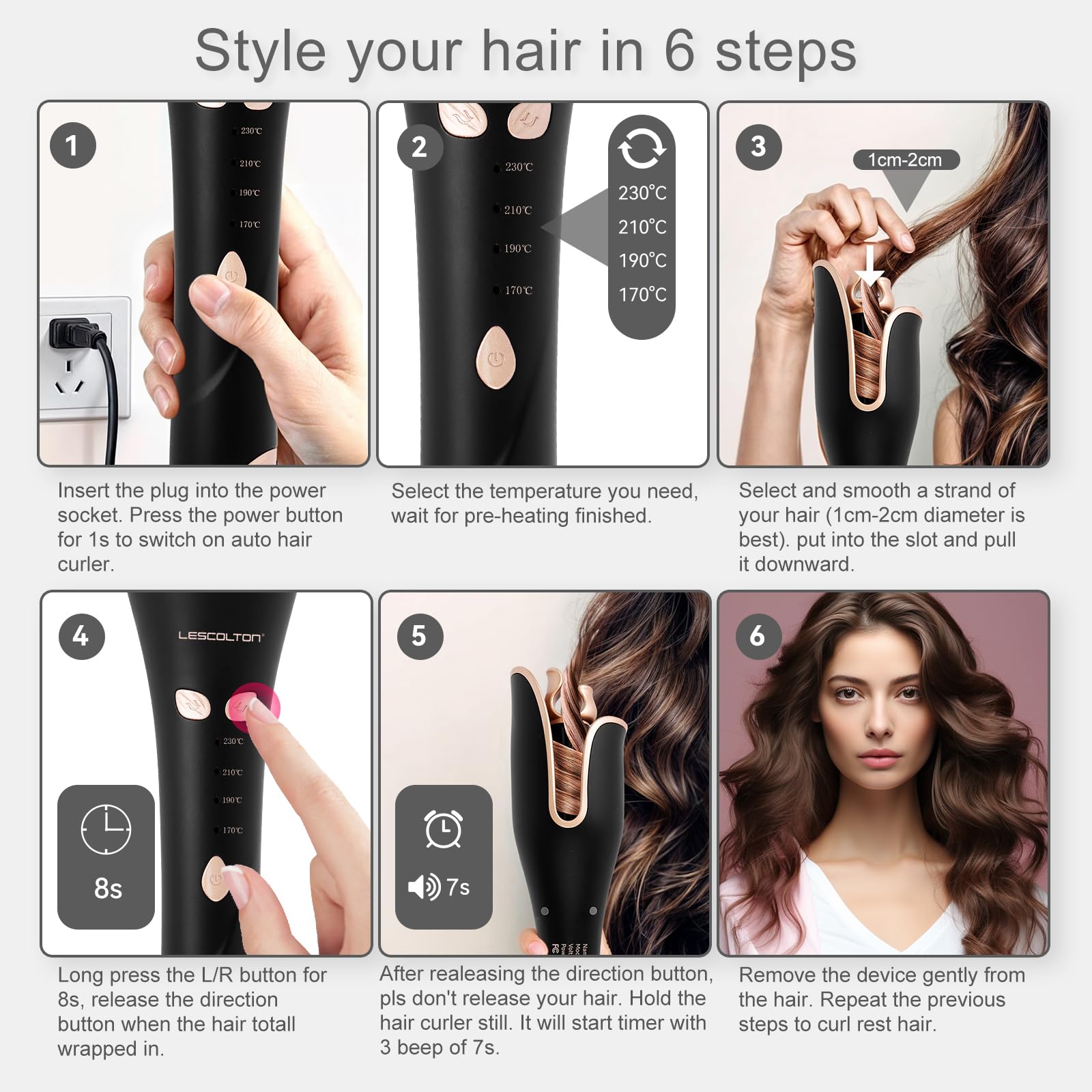 Arricciacapelli Automatico Professionale, Ferro Arricciacapelli Intelligente in Ceramica, 4 Temperatura per Capelli Lunghi o Corti Asciutti (Oro rosa)