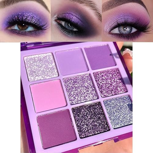 evpct Paleta de sombra de ojos con purpurina de 9 colores, violeta púrpura, violeta lavanda, rosa púrpura, purpurina metálica brillante, sombra de