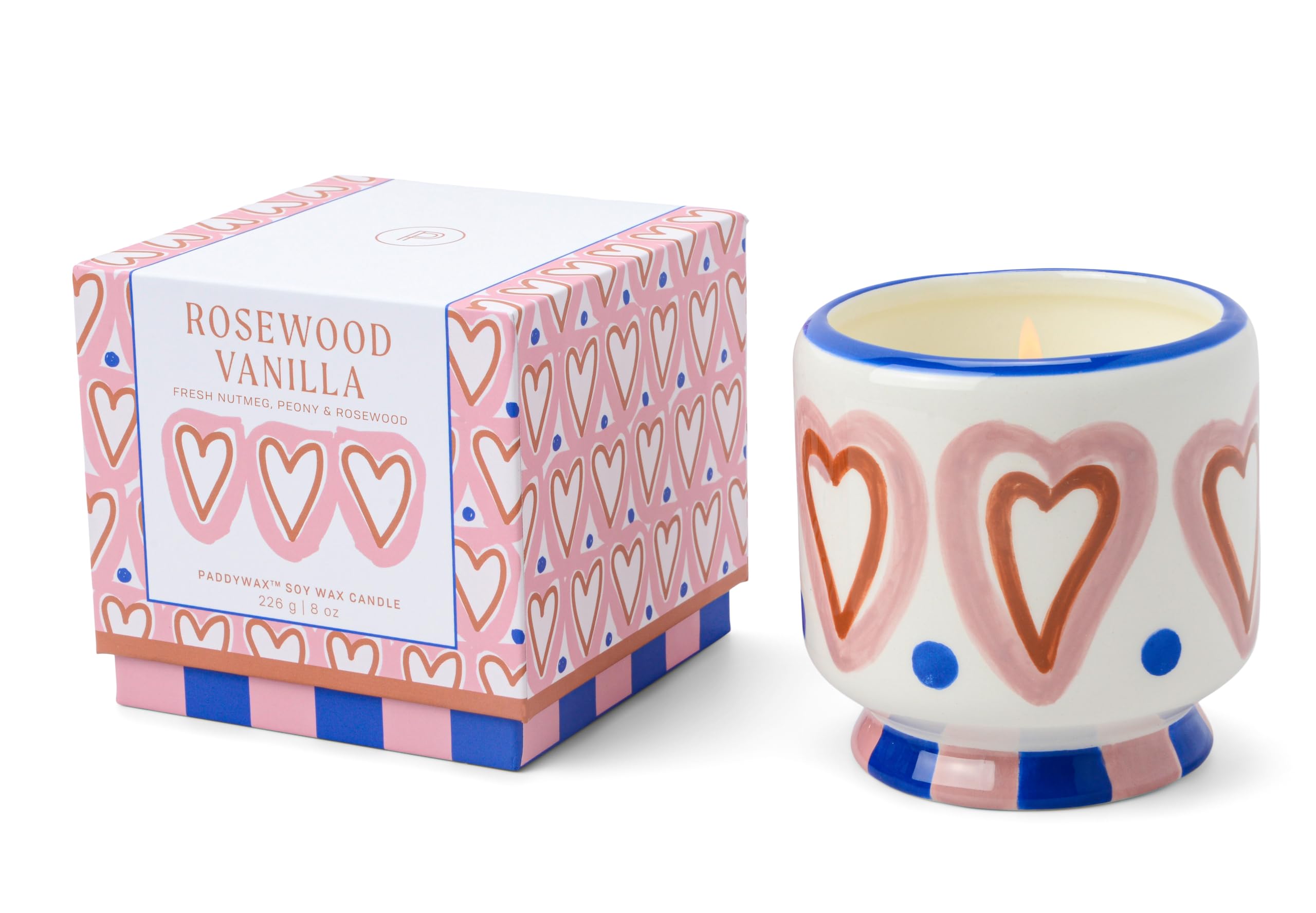 Paddywax Scented Candles Dopo Hand-Painted Ceramic Luxury Artisan Candle, 226g, Hearts - Rosewood Vanilla