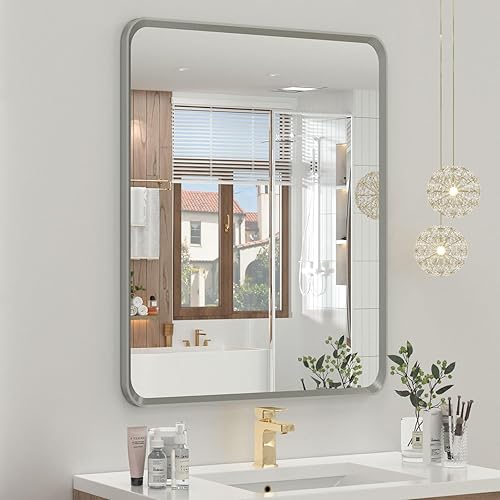 Miniatura 13 de OKPAL Espejo de Baño con Marco de Metal Negro de 40 x 36 Pulgadas para Pared, Espejo de Tocador de Baño Negro Mate, Espejo Rectangular Redondeado